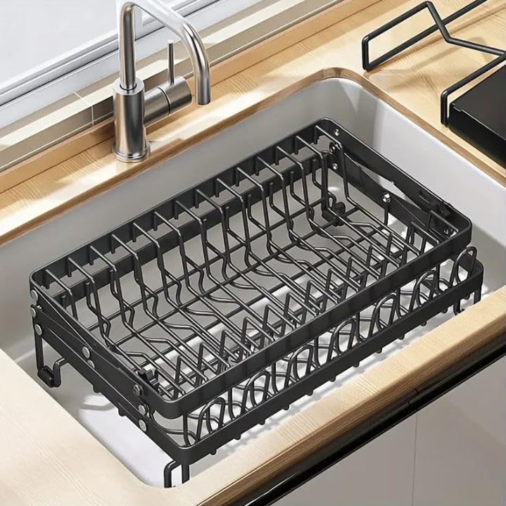 Foldable 2-Tier Over The Sink Dish Drying Rack with Glass & Utensil Holder | Durable Metal Kitchen Counter Dish Drainer | Space-Saving Solution for Small Kitchens & Apartments