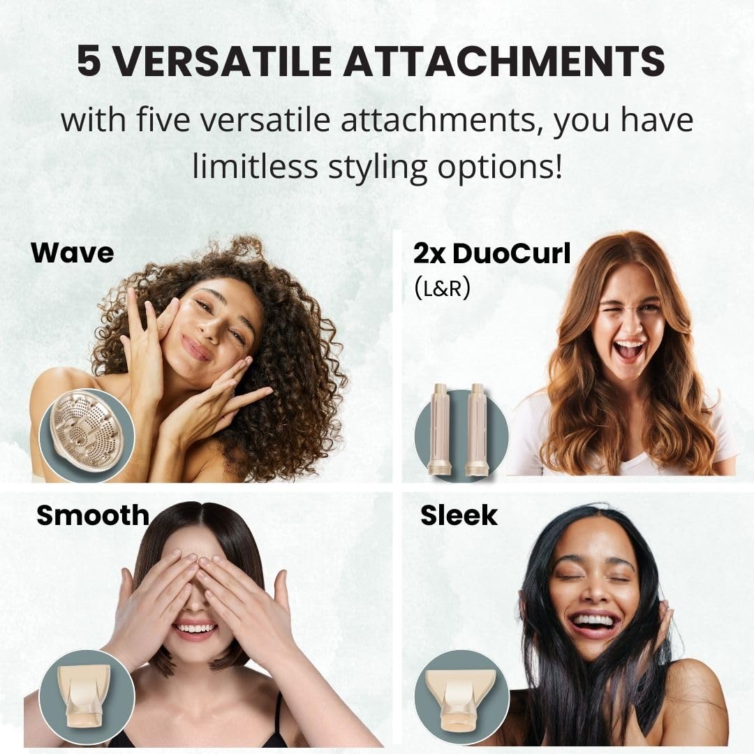 Professional Ionic Hair Dryer with Diffuser - 5 Attachments for Wavy, Straight & Curly Hair - Fast Drying, Frizz Control, Quiet & Lightweight (70% Lighter) - Perfect for Home, Salon & Travel Use