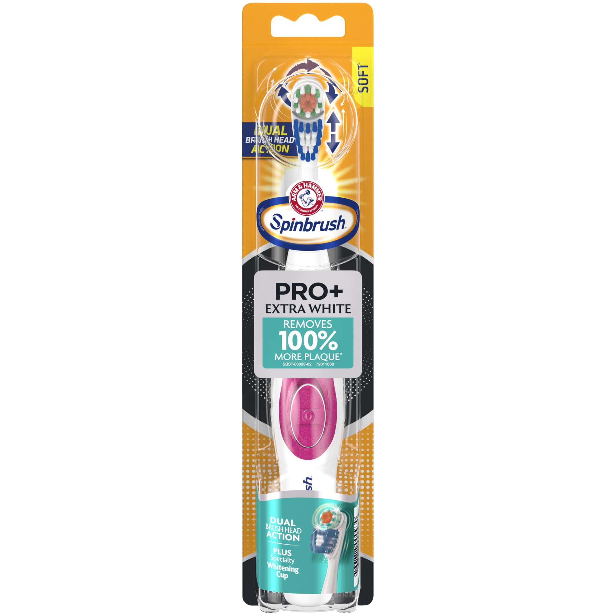 Spinbrush PRO+ Extra White Battery-Powered Toothbrush - Removes 100% More Plaque with Soft Bristles - Includes Batteries - Perfect for Travel & Daily Oral Care