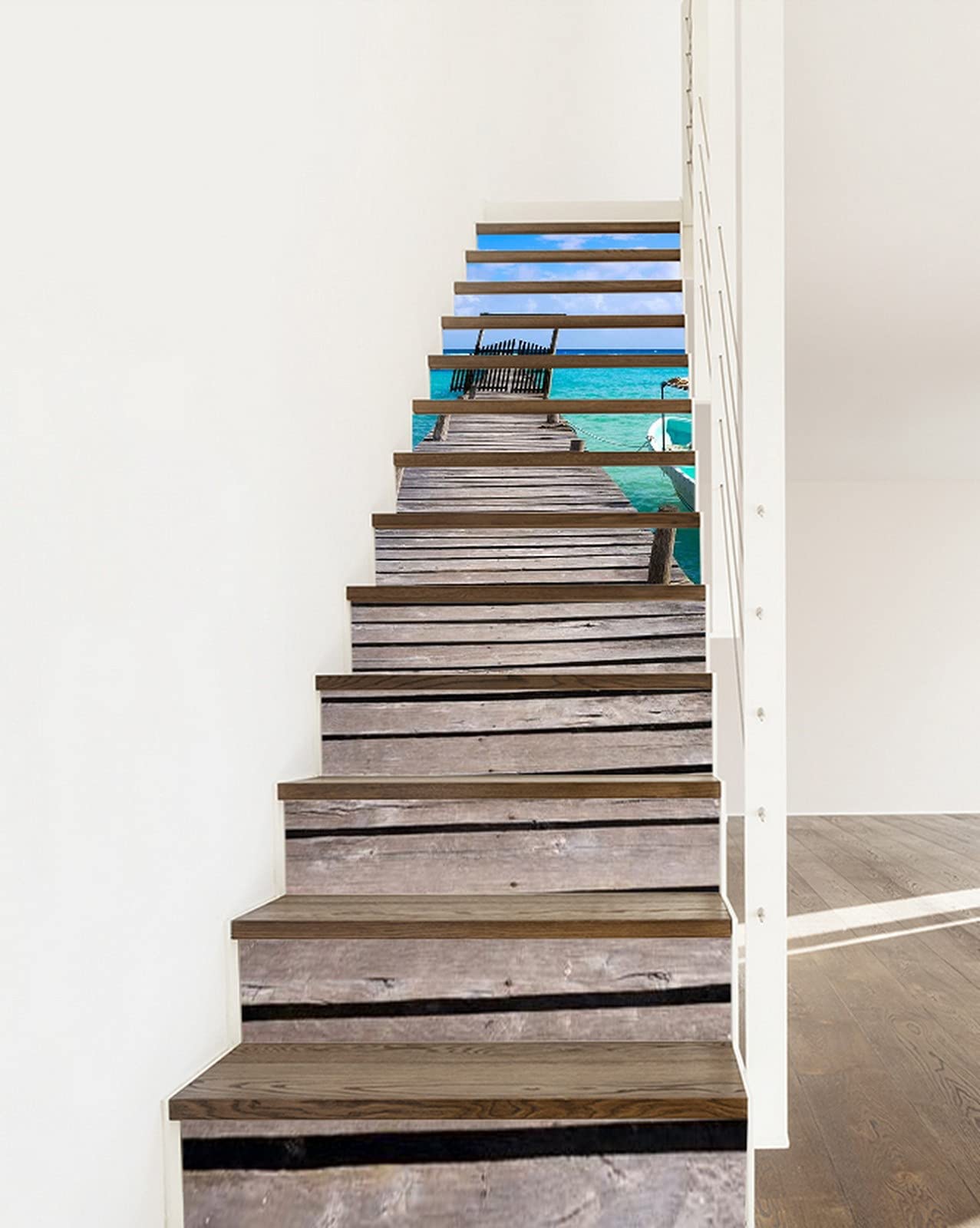 A.Monamour 3D Self-Adhesive Removable Wooden Bridge Pier Stair Stickers - Blue Sea Boat Nature Scenery Vinyl Decals for Stair Risers, Kitchen Tiles, and Wall Murals (13 Pieces) - Perfect for Home Decor, DIY Projects, and Rental Apartment Upgrades