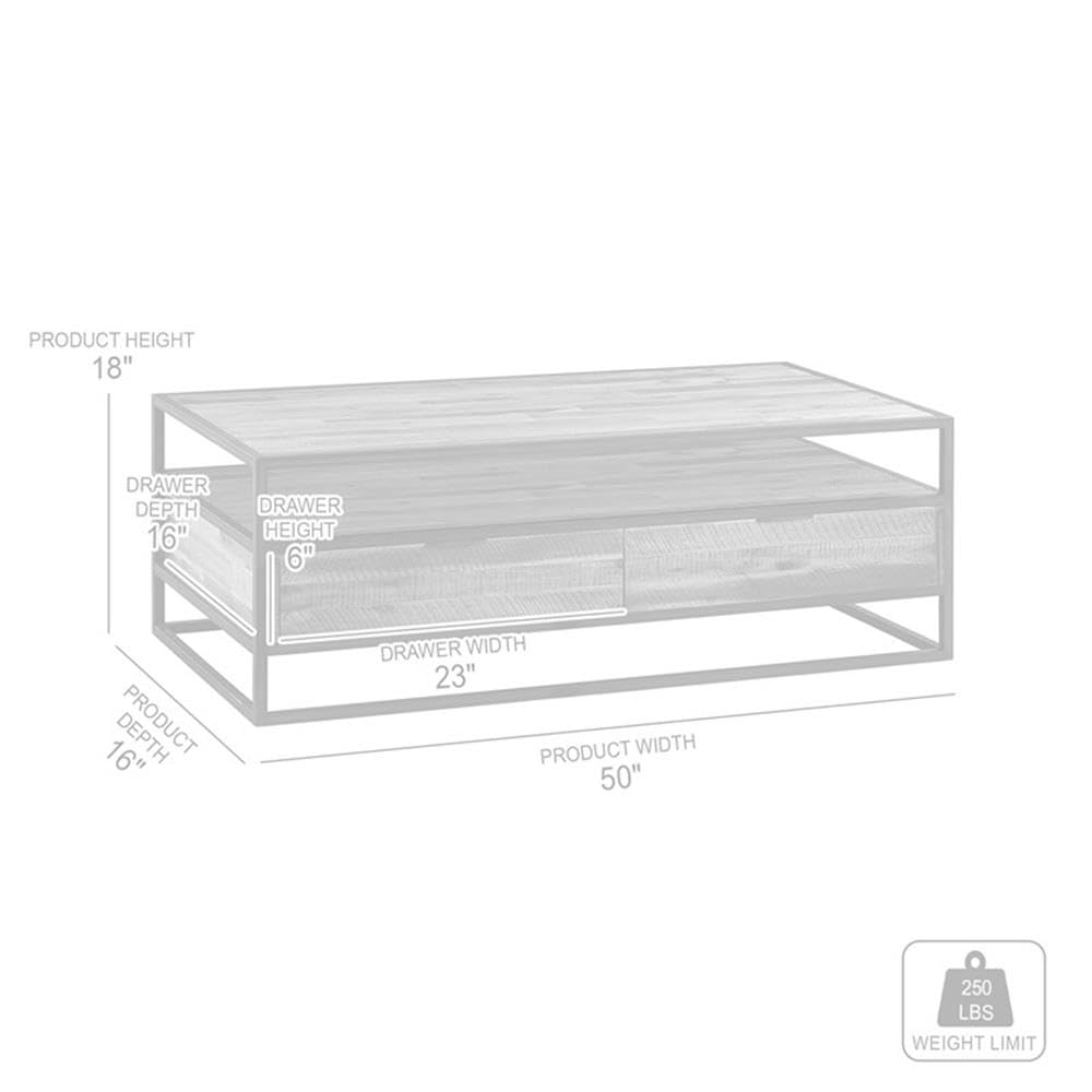 Armen Living Ludgate Rectangle Coffee Table with Shelf - Acacia Wood & Black Metal Frame - Perfect for Living Room, Lounge, or Office