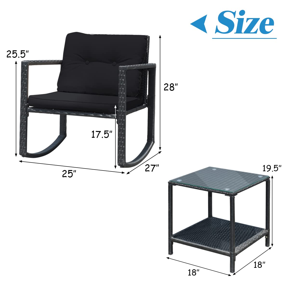 Tangkula 3-Piece Outdoor Wicker Rocking Bistro Set with Cushioned Seats, Glass Coffee Table & Storage Shelf - Black Patio Furniture for Garden, Porch or Backyard Relaxation