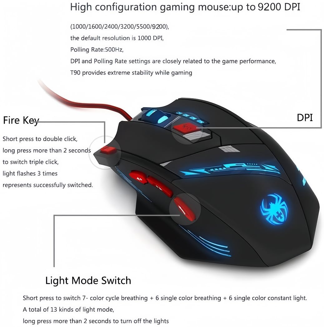 Zelotes T90 Professional Gaming Mouse - 9200 DPI, 8 Programmable Buttons, RGB LED Lights, Adjustable Weight for PC, Laptop, Desktop - Black | Perfect for FPS, MOBA & MMO Games, Office Work & Graphic Design