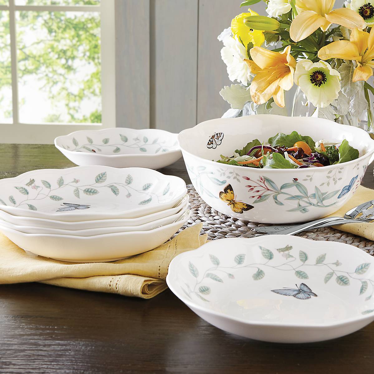 Butterfly Meadow 7-Piece Bowl Set - Colorful Ceramic Mixing & Serving Bowls for Kitchen, Dining & Party Use