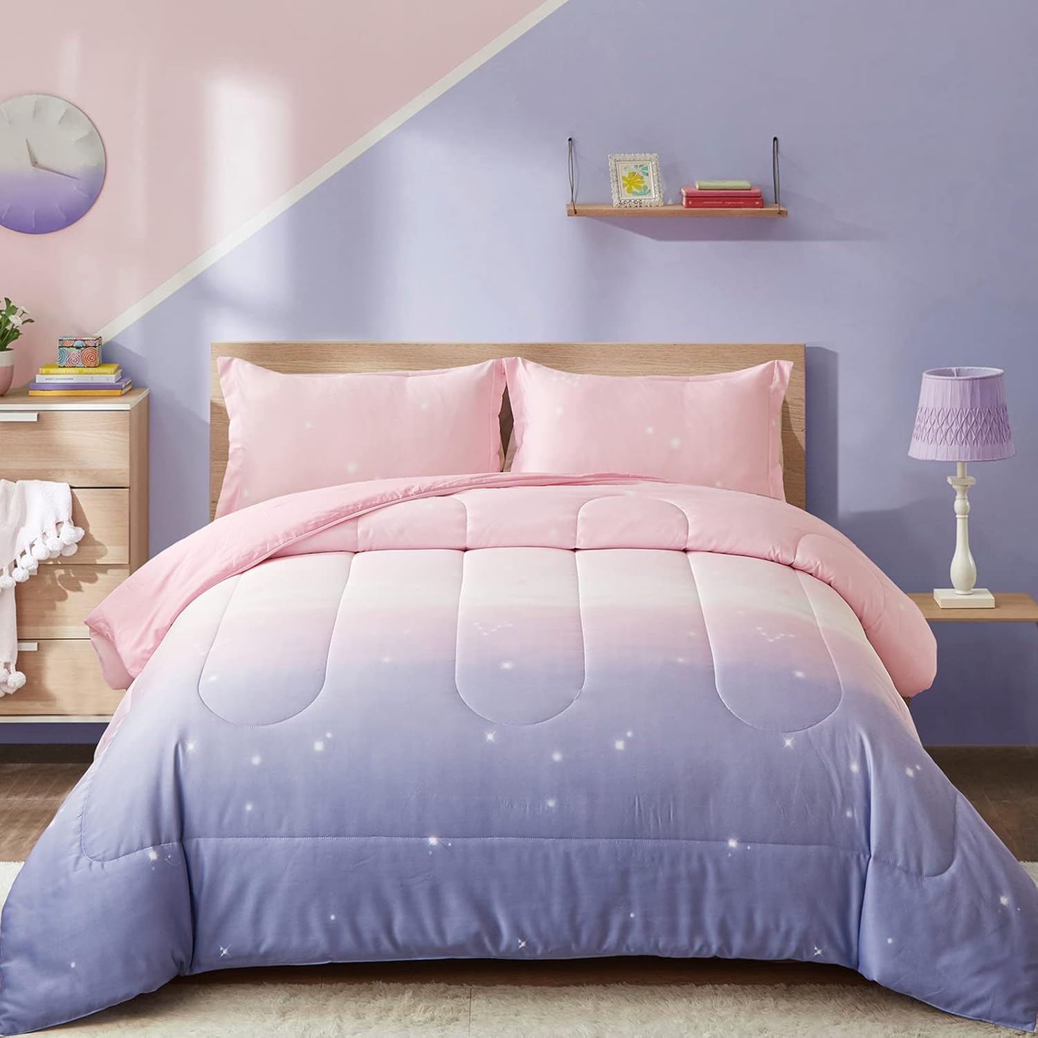 Ombre Pink Purple Rainbow 3-Piece Girls Comforter Set - Queen Size Bedding Collection for Teen Girls Room Decor & Cozy Sleep