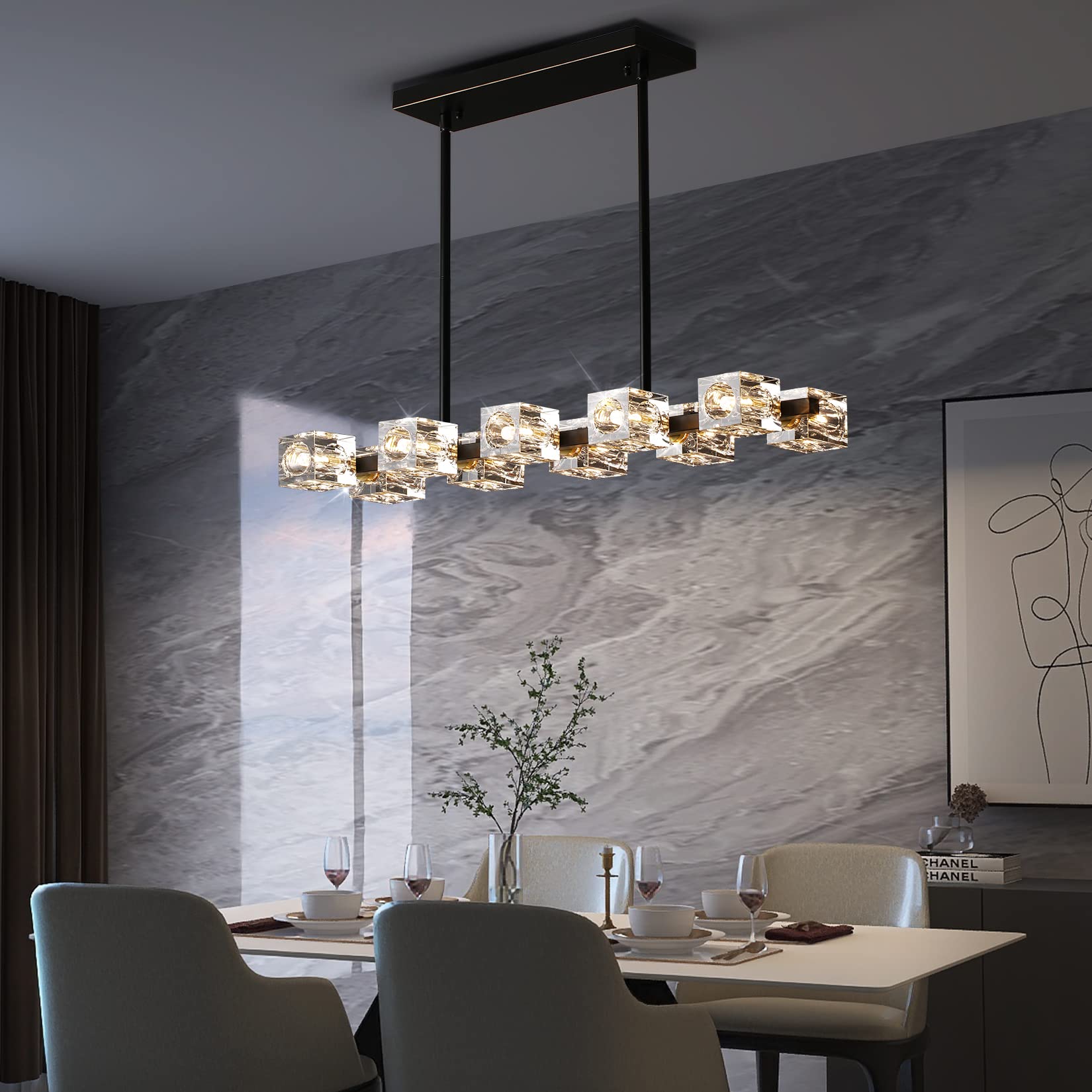 Modern Crystal Chandelier Semi-Flush Mount Ceiling Light - 10-Light Black Metal Crystal Pendant Fixture for Dining Room, Kitchen Island, Farmhouse & Living Room | Elegant Lighting for Home Decor & Dinner Parties