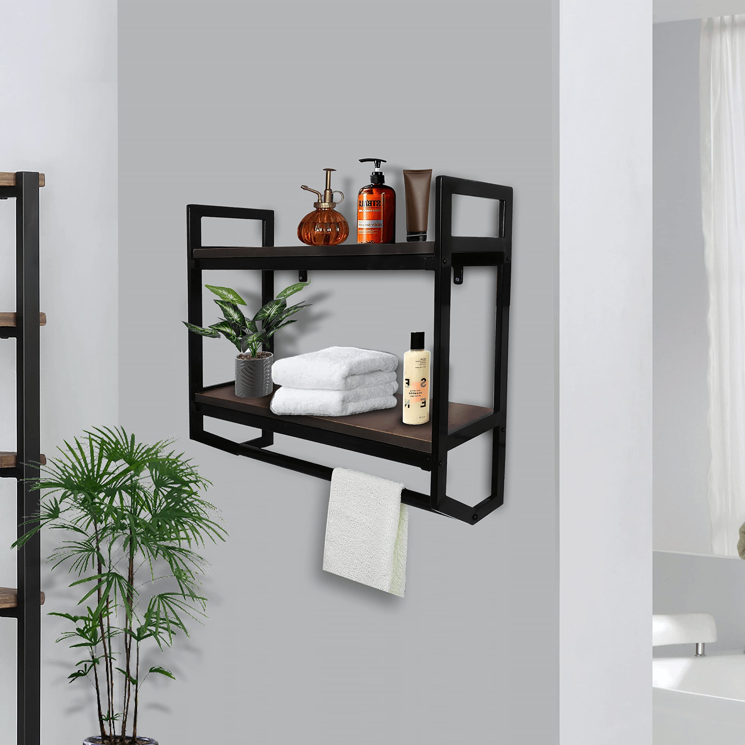 FEBTECH 2-Tier Wall Mount Industrial Bathroom Towel Rack with Towel Bar - 23.6 Inch Rustic Steel Wall Shelf for Over Toilet Storage - Bathroom & Kitchen Organizer for Farmhouse, Bedroom, Laundry Room - Space Saving Home Decor Solution