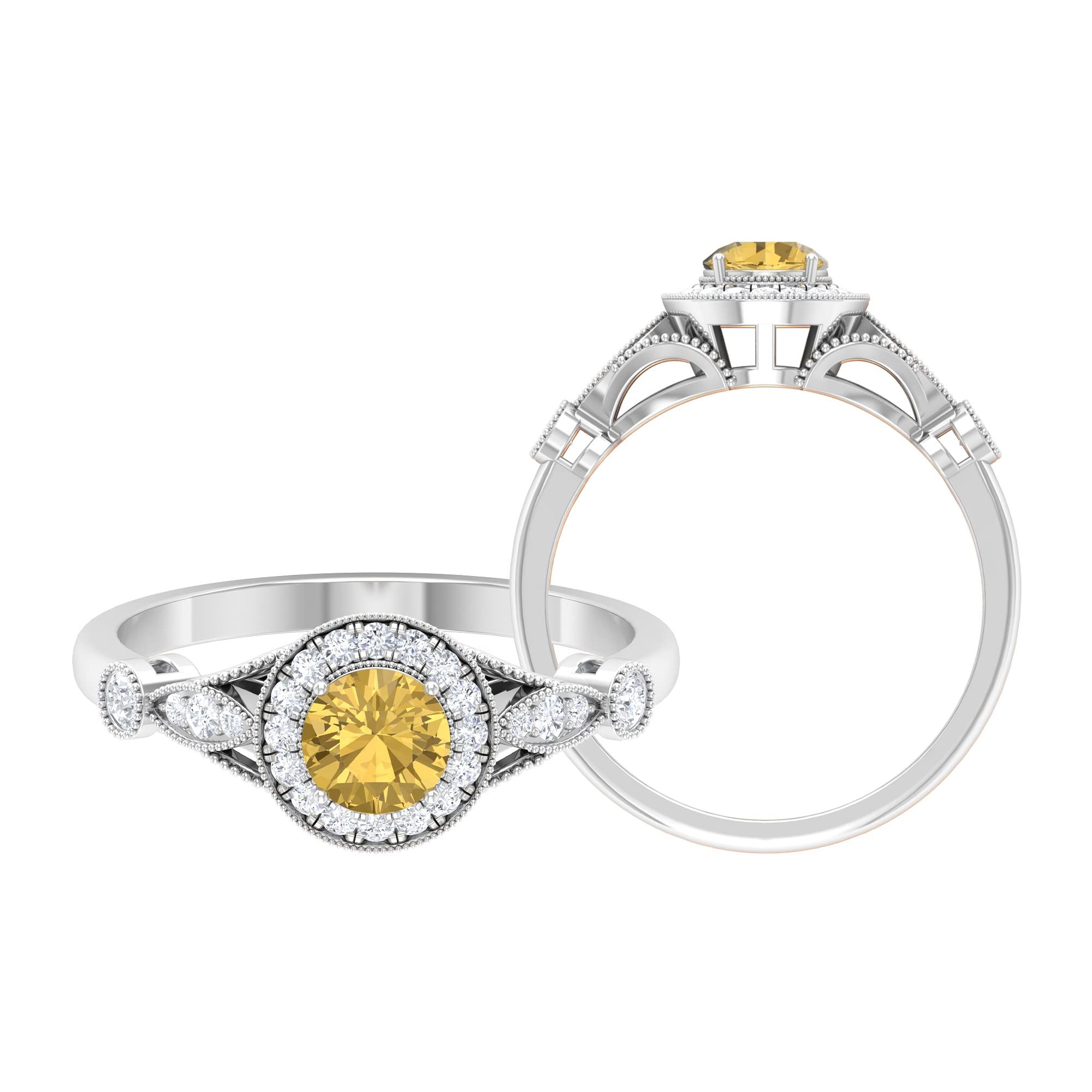 1 CT Natural Citrine Engagement Ring with Diamond Accents - 5MM Round Cut 14K Solid Gold Milgrain Band - Vintage Style Yellow Citrine Wedding Ring for Women - Perfect for Proposals, Anniversaries & Special Occasions