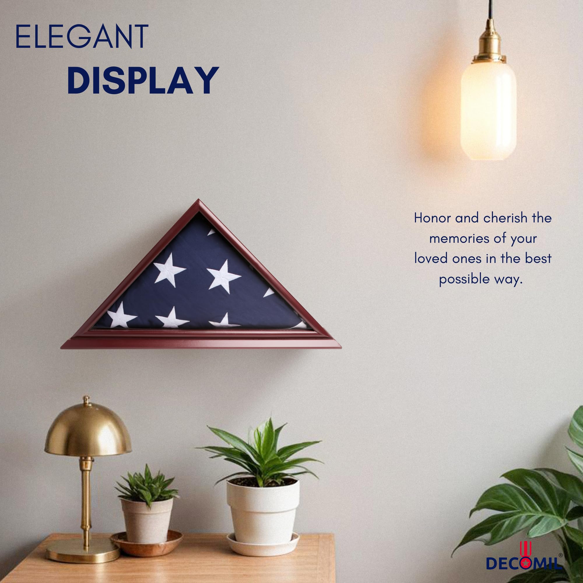 DECOMIL 5x9 American Veteran Burial Flag Display Case - Clear Glass Front, Solid Wood, Cherry Finish, Wall Mounted Shadow Box for Folded Flags - Perfect for Memorial Walls, Military Tribute Displays & Home Decor