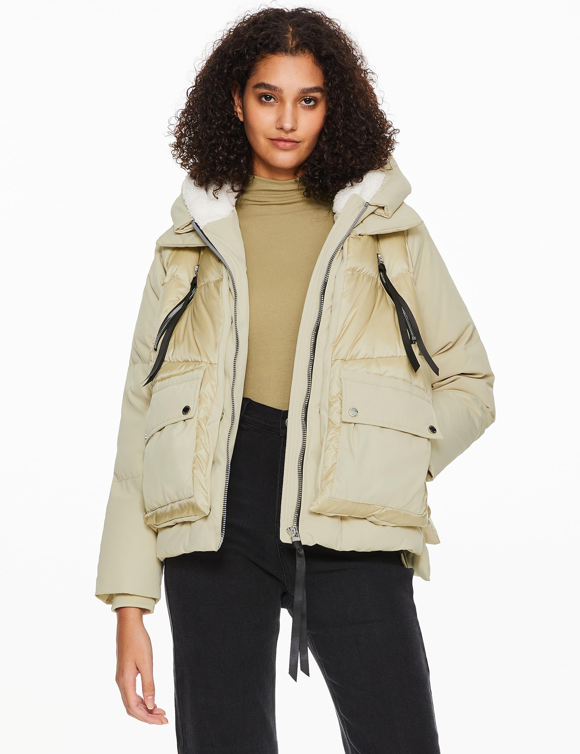Orolay Women's Cropped Puffer Jacket - Patchwork Down Coat with Stand Collar & Hood | Winter Fashion Outerwear with Pockets for Casual Outings & City Strolls