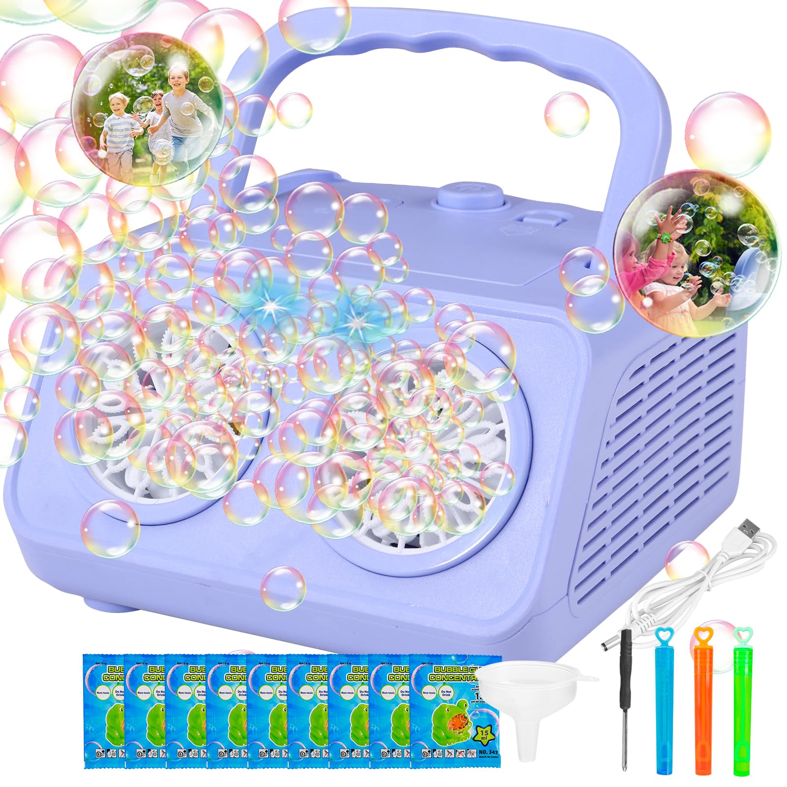 Upgraded SHCKE Bubble Blower Machine with 2 Fans - 20,000+ Bubbles Per Minute, Automatic Bubble Maker for Kids (Plug-in & Battery Powered) - Perfect for Indoor/Outdoor Birthday Parties, Backyard Play, and Summer Festivals