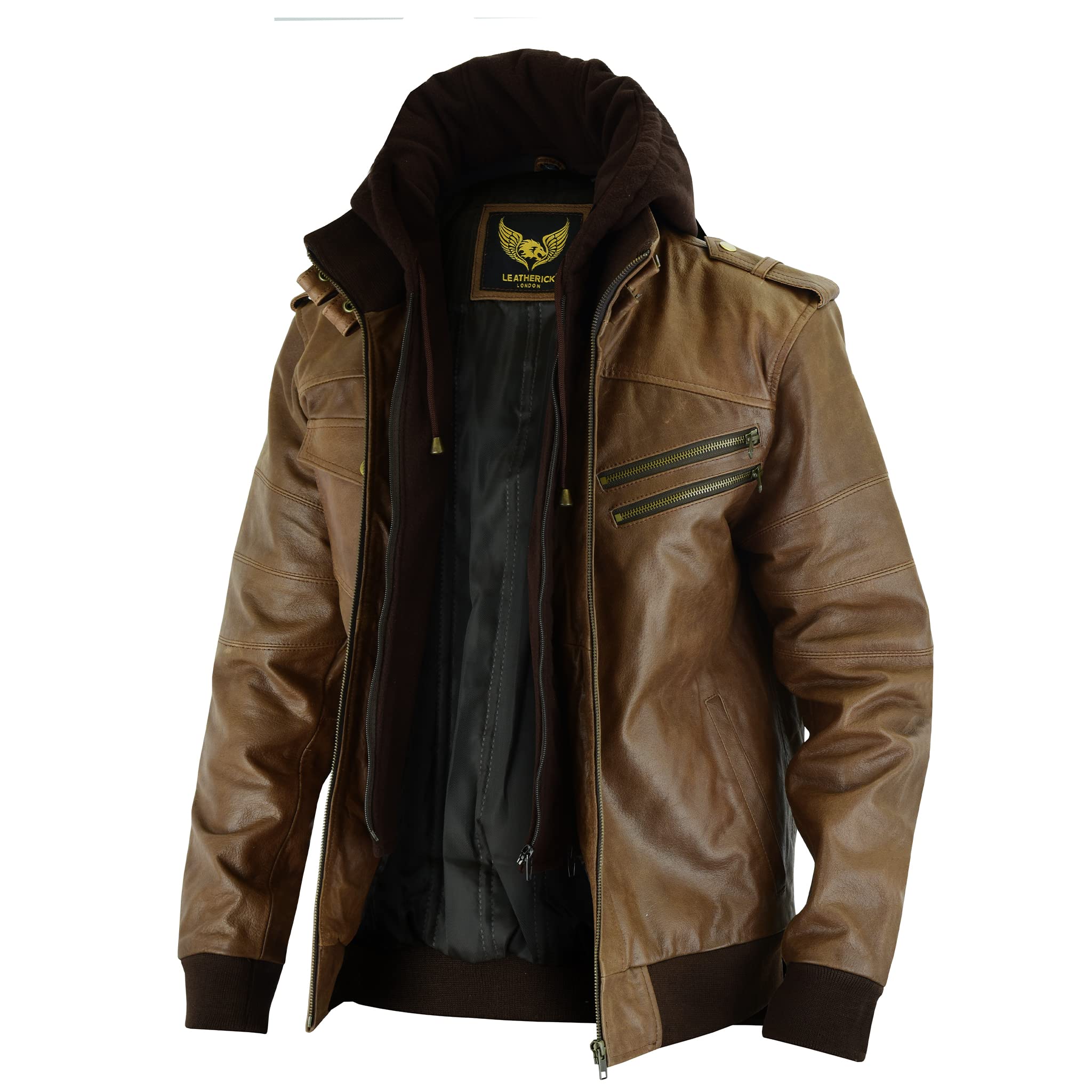 Genuine Buffalo Leather Biker Jacket for Men - Brown Hooded Motorcycle Jacket for Riding, Outdoor & Casual Wear