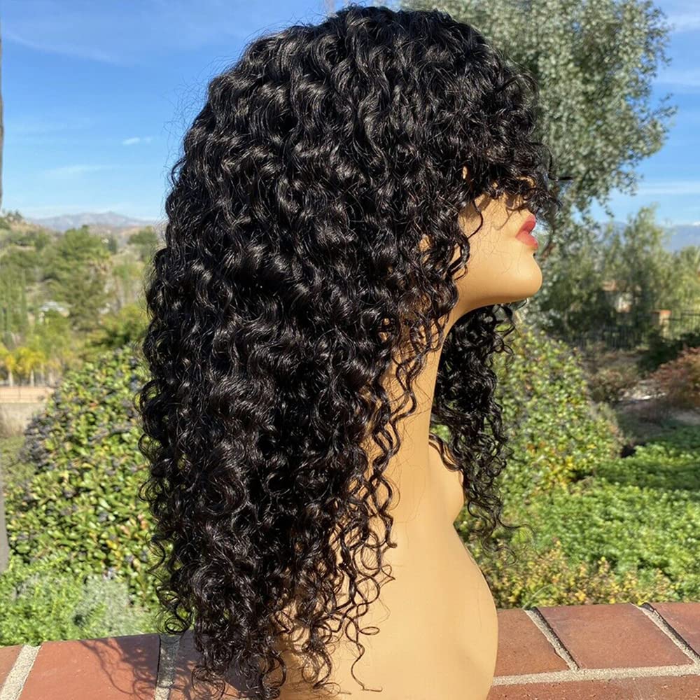 Jerry Curly Human Hair Wigs With Bangs | 200% Density Virgin Brazilian Hair | Glueless Scalp Base Top Full Machine Made Wig | Natural Color 16 Inch | Perfect for Black Women | Great for Daily Wear, Parties & Special Occasions