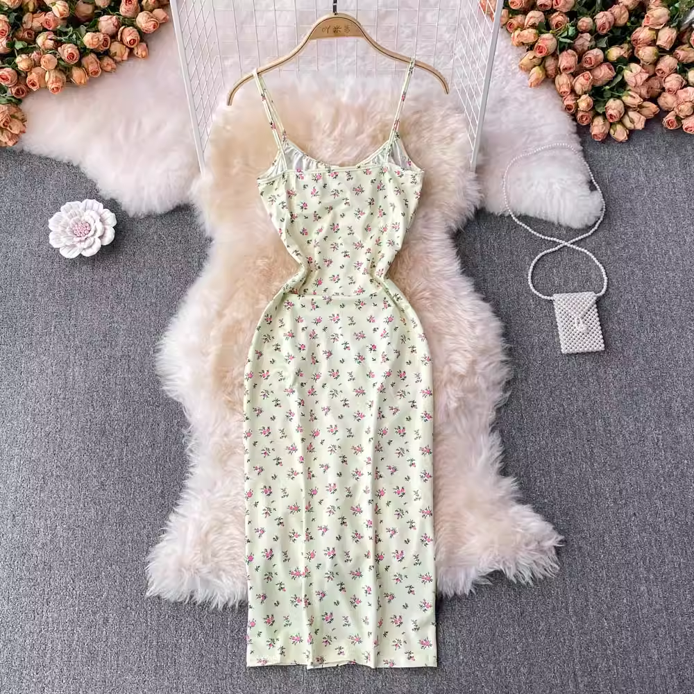 Floral V-Neck Spaghetti Strap Midi Dress with Side Slit - Elegant Summer Party, Wedding Guest, or Date Night Outfit