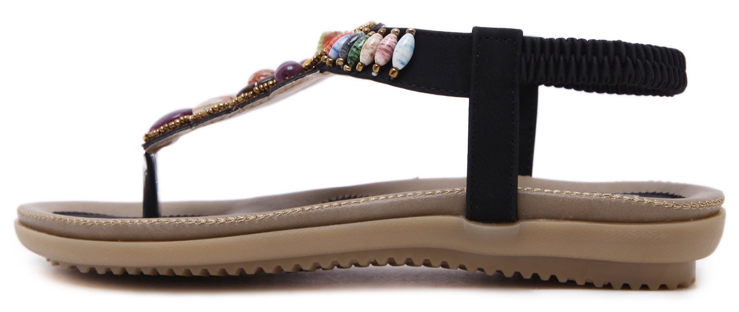 Stylish Summer T-Strap Flat Sandals for Women - Open Toe Thong Sandals with Beaded Gemstone Decorations | Comfortable Casual Beach Shoes for Vacation, Walking & Outdoor Activities