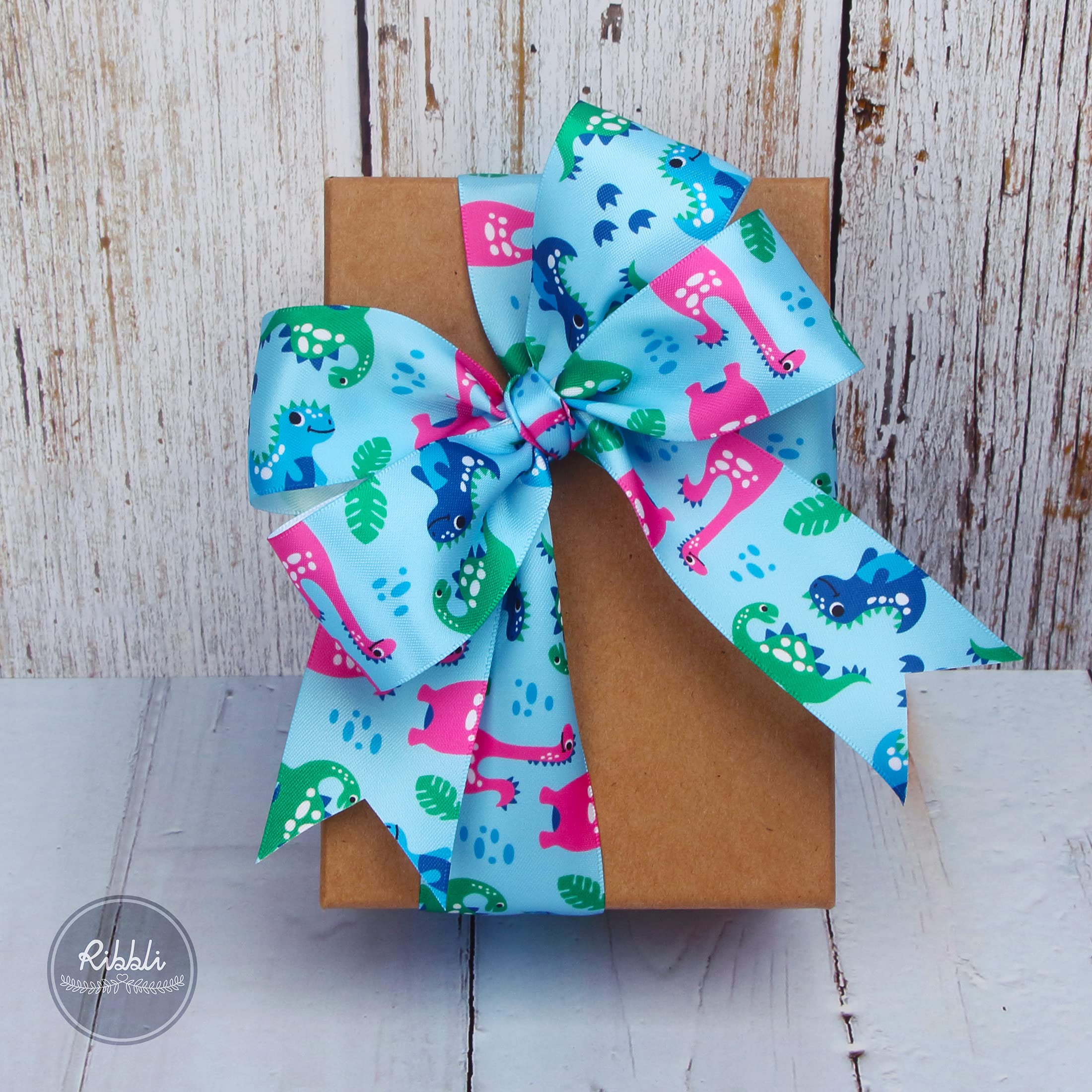 Ribbli Satin Dinosaur Print Craft Ribbon - 1.5 Inch x 10 Yards - Blue, Green, Pink for Hair Bows, Wreaths, Gift Wrapping, Baby Showers & Party Decorations - Perfect for DIY Crafts, Sewing Projects and Birthday Celebrations