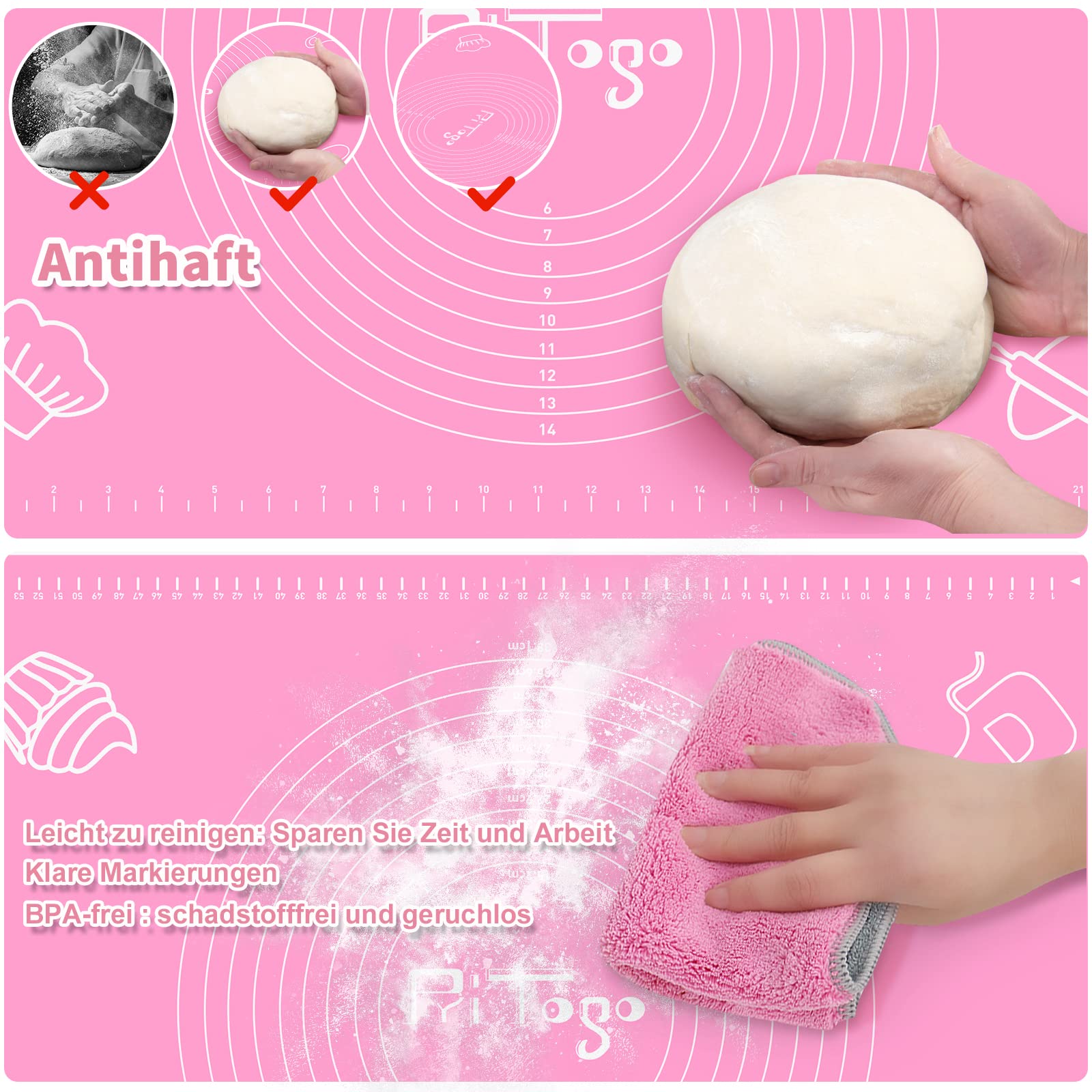 Pritogo Non-Stick Silicone Baking Mat with Measurement Scale (65 x 45 cm) - Extra Stable Non-Slip Dough Rolling Mat for Cookies, Pastry & Pizza Making - Perfect for Home Baking & Kitchen Use
