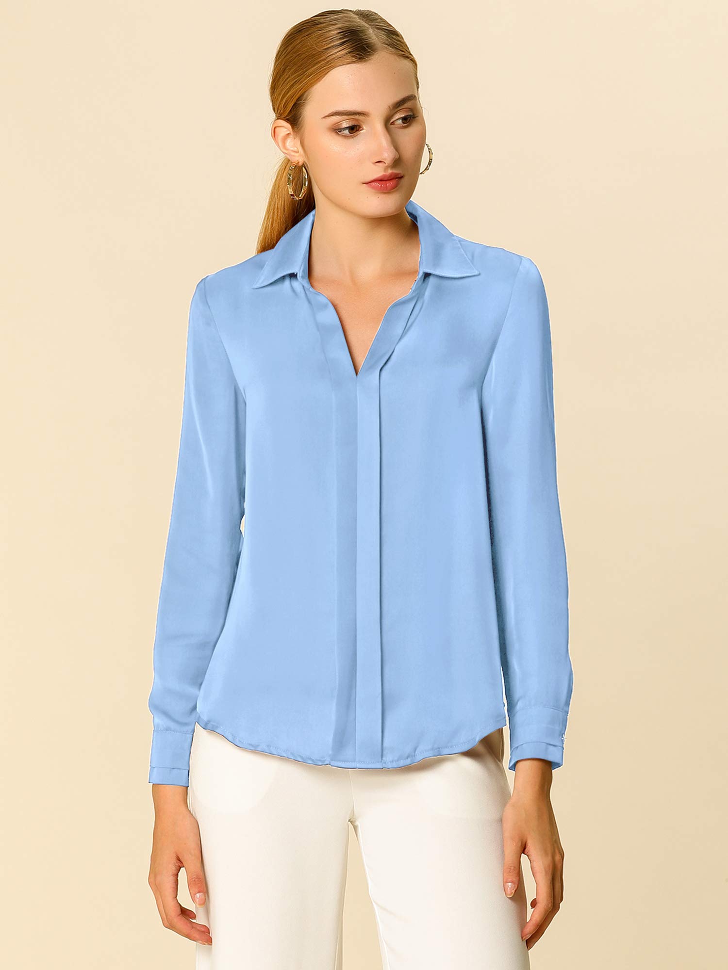 Allegra K Women's Satin Blouse - Elegant V Neck Long Sleeve Silky Shirt for Office Work & Formal Wear | Professional Business Attire & Evening Occasions