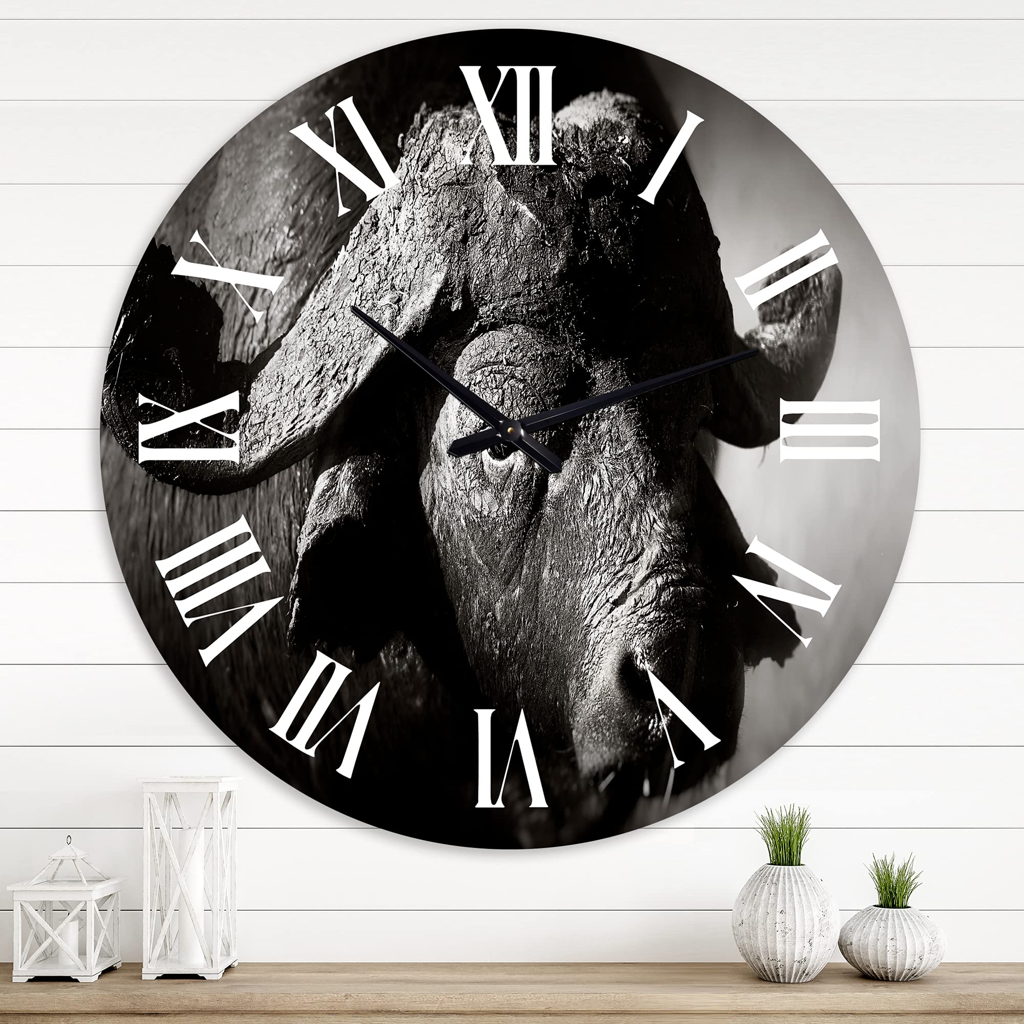 Farmhouse Wall Clock - Monochrome Buffalo Portrait II - Large Animal Wall Art for Office & Home Decor | Perfect for Living Room, Bedroom, or Workspace