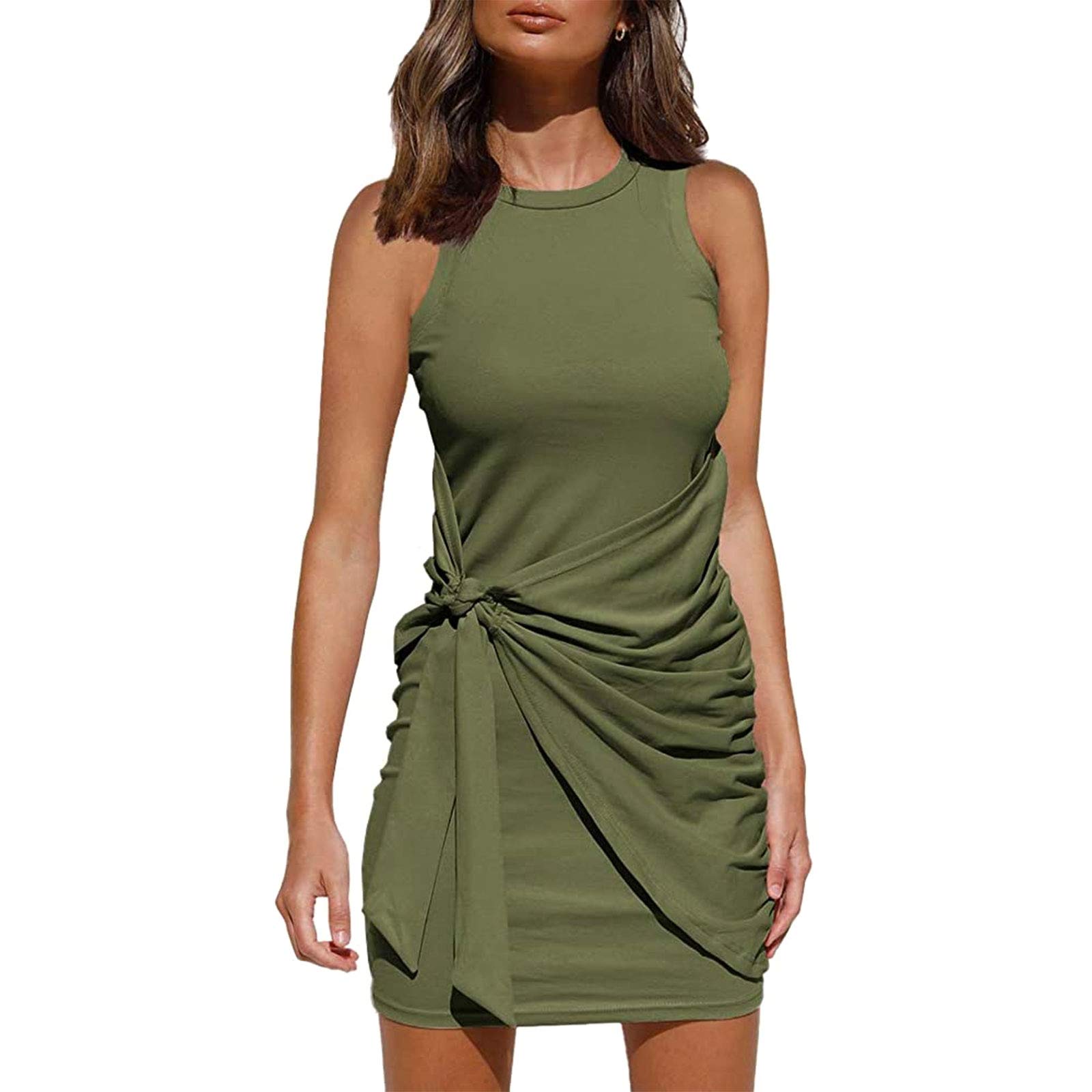 Honganda Women's Summer Sleeveless Solid Color Bodycon Mini Dress with Tie Waist & Ruched Detail - Perfect for Beach Vacation, Date Night & Casual Outings