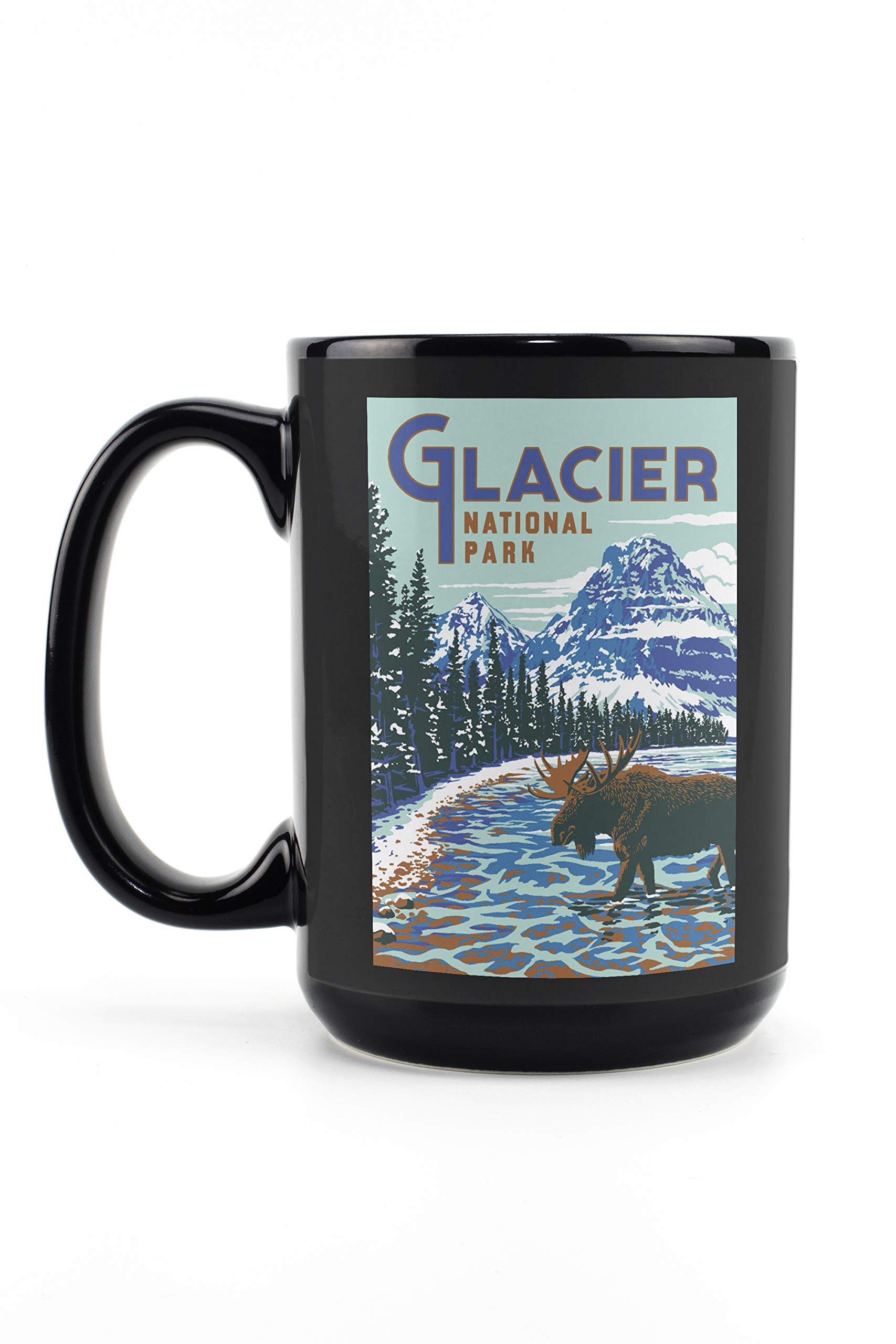 15oz Black Ceramic Coffee Mug - Glacier National Park Moose Explorer Series - Microwave & Dishwasher Safe - Perfect for Camping, Hiking & Outdoor Adventures