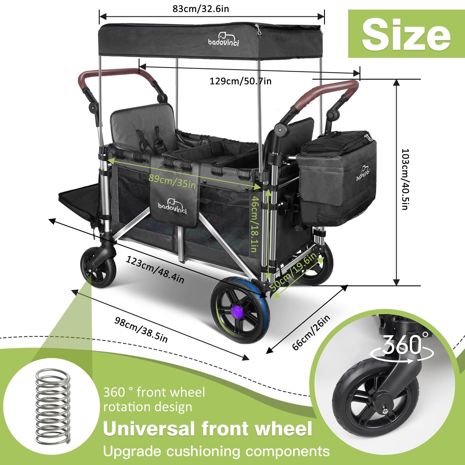 Best Double Stroller Wagon for 2 Kids - 2 High Seats with 5-Point Safety Harnesses & Adjustable Canopy - Foldable Push-Pull Wagon Cart for Outdoor, Camping, Shopping, Beach Trips and Family Adventures