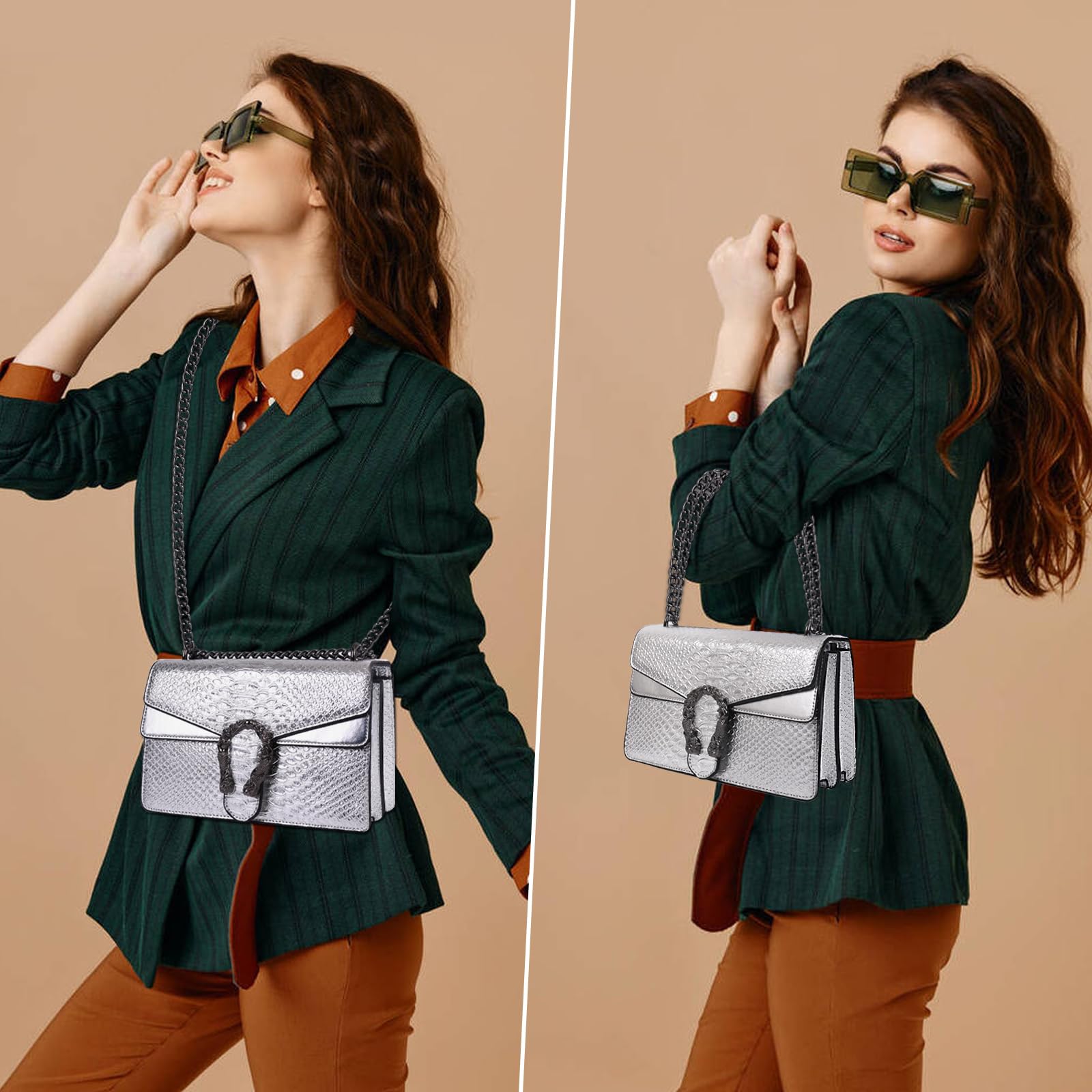 Women's Crossbody Chain Purse - Crocodile Leather Clutch Bag for Evening & Party