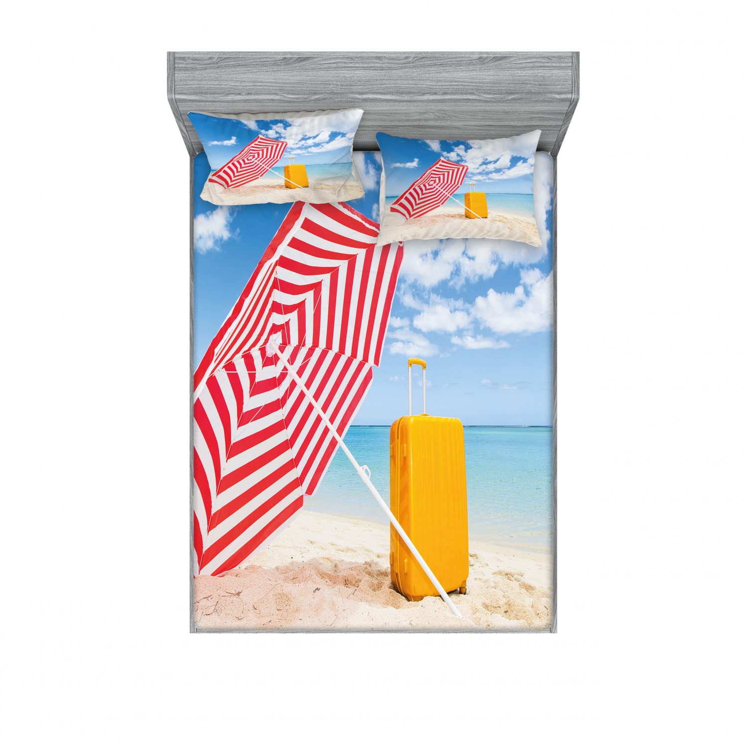 Ambesonne 2-Pack Queen Size Fitted Sheet & Pillow Sham Set - Blue and Yellow Windy Shore Design, 4-Piece Bedding Set (2 Fitted Sheets + 4 Pillow Covers) - Vibrant Multicolor Coastal Decor for Master Bedroom, Guest Room or Beach House