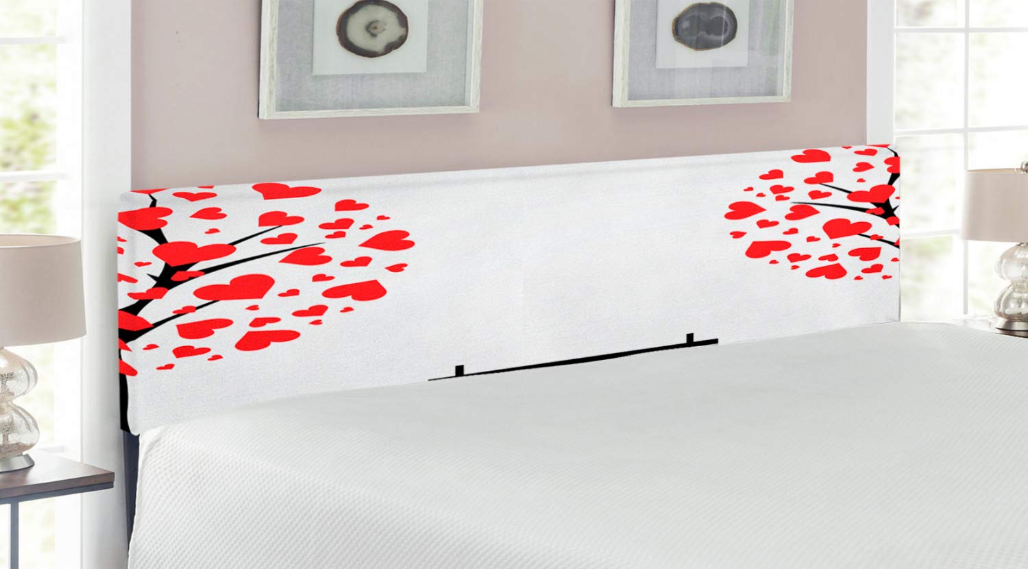 Ambesonne Tree of Life King Size Upholstered Headboard - Romantic Nature Design with Heart-Shaped Leaves & Bench, Decorative Metal Bed Frame with Memory Foam in Black Red White | Perfect for Master Bedroom, Guest Room & Cozy Home Decor