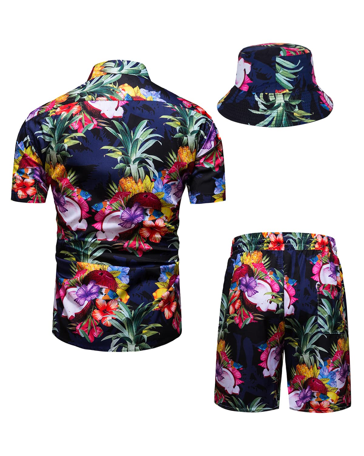 TUNEVUSE Men's Hawaiian Shirt and Shorts Set - 2 Piece Tropical Beach Outfit with Floral Print & Bucket Hat | Summer Vacation, Luau Party, Poolside Relaxation Outfit