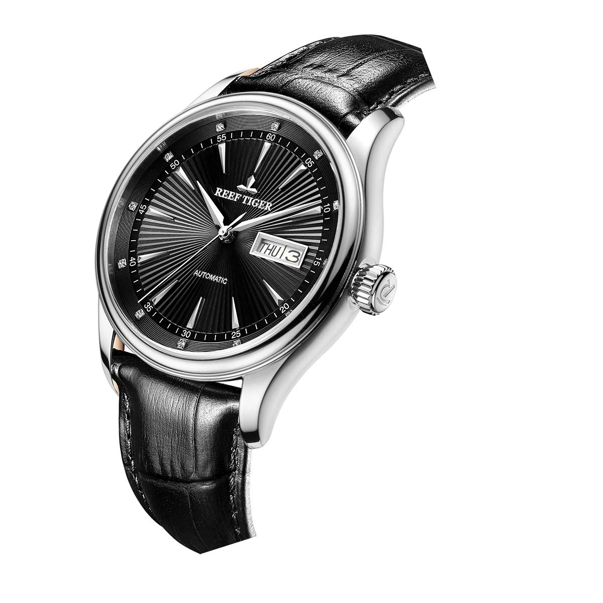 REEF TIGER Men's Automatic Dress Watch with Genuine Leather Strap - Day Date Display Waterproof Stainless Steel Watch RGA8232 | Perfect for Business, Formal Events & Everyday Wear