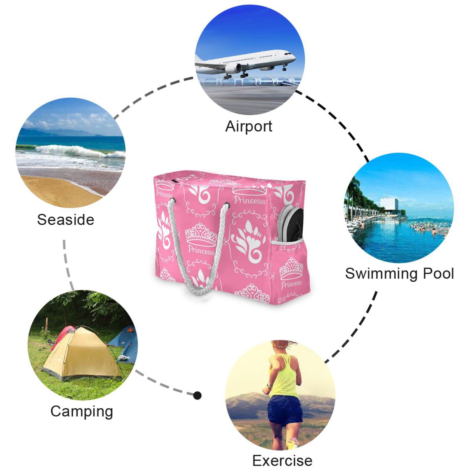 Pink Princess Crown Beach Bag - Large Waterproof Travel Tote Bag with Zipper for Women & Girls | Perfect for Pool, Beach Vacation & Summer Outings