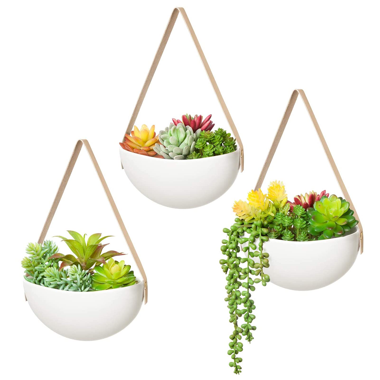 3-Pack White Ceramic Hanging Wall Planters - Modern Flower Pots for Succulents, Herbs & Air Plants - Home & Office Decor (Plants Not Included) - Perfect for Indoor Gardens, Balcony Decor & Gift Giving