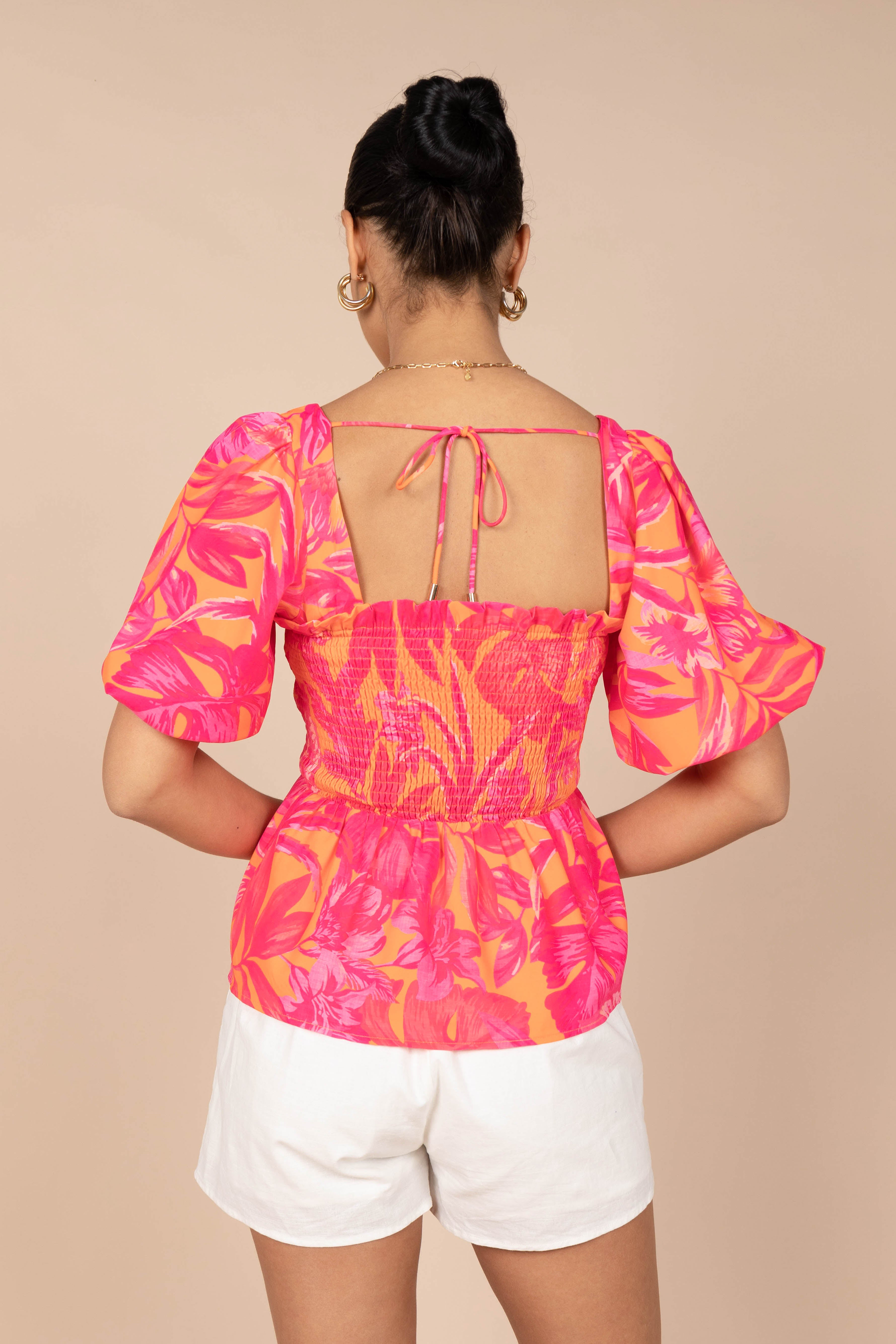 Addison Peplum Top for Women | Flattering Pink Tropics Print | Perfect for Summer Outfits & Beach Vacations