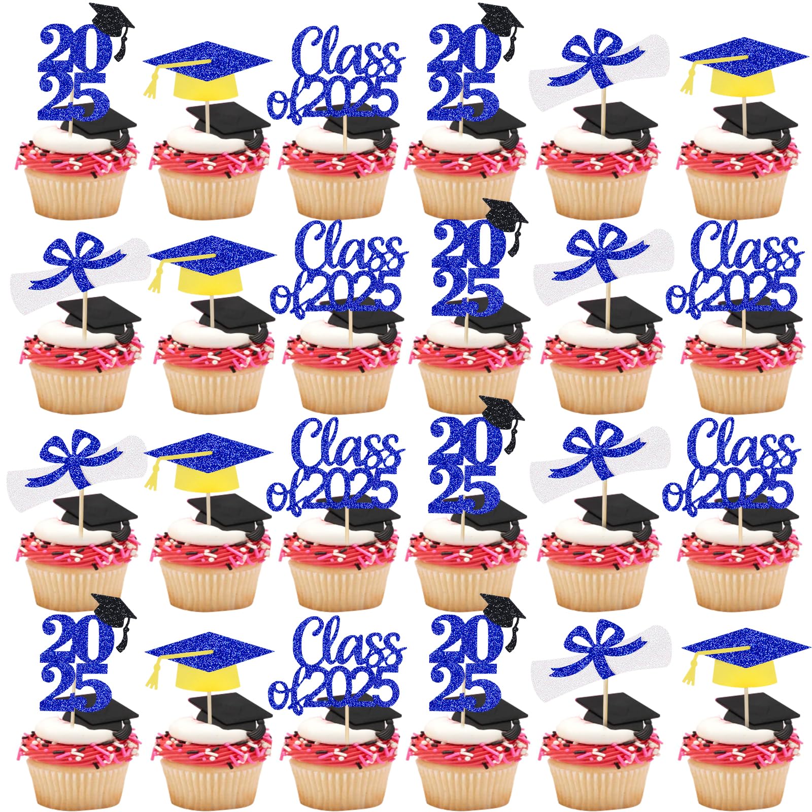 2025 Graduation Cupcake Toppers - Blue Class of 2025 Grad Cap & Diploma Cake Decorations | Perfect for Graduation Party, Commencement Ceremony & Celebration Decor
