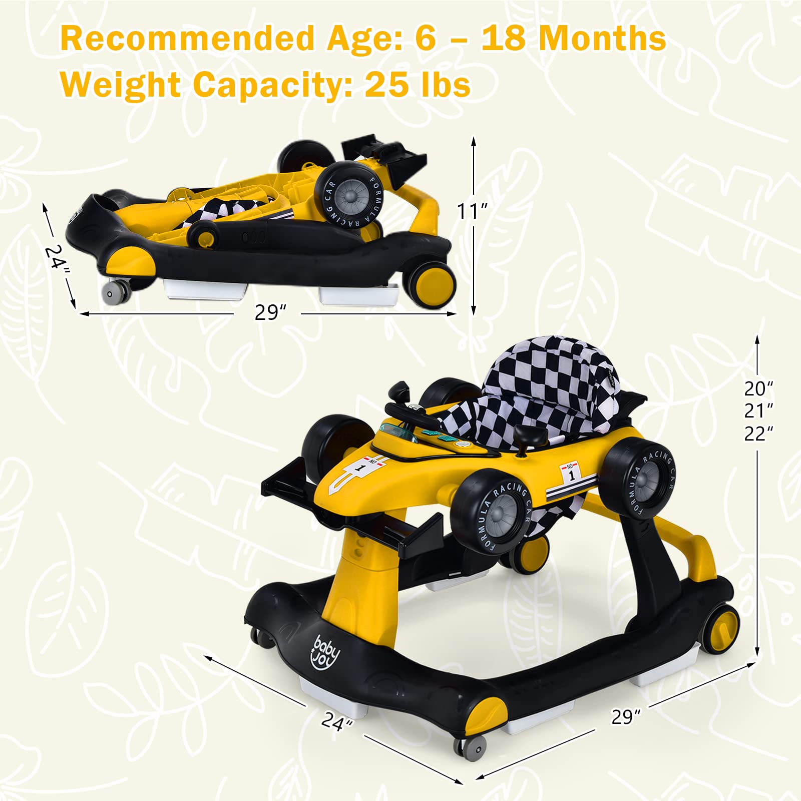 BABY JOY 4-in-1 Foldable Baby Walker with Adjustable Height & Speed - Interactive Music, LED Lights, Anti-Rollover Safety Design - Toddler Push Walker with Wheels for Boys & Girls 6-18 Months (Yellow) - Perfect for Learning to Walk, Indoor Play & Early Childhood Development