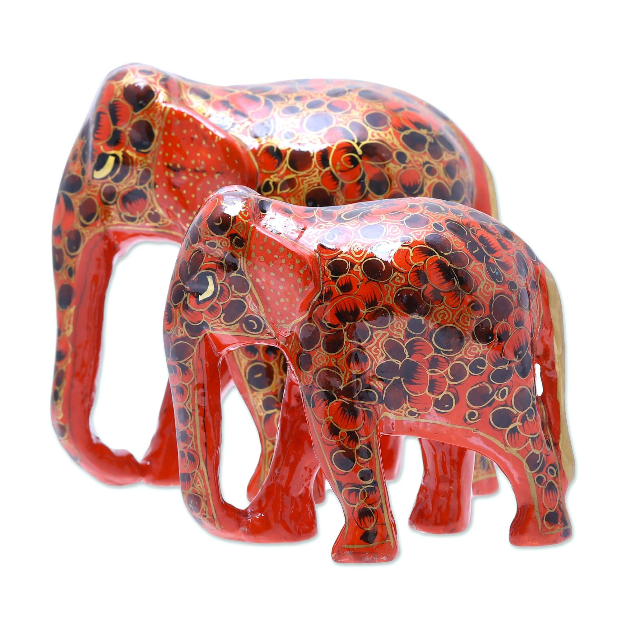 Handmade Red Papier Mache and Wood Elephant Sculpture Pair - 'Red Connection' - Unique Home Decor & Gift for Elephant Lovers | Perfect for Living Room, Office, or Meditation Space