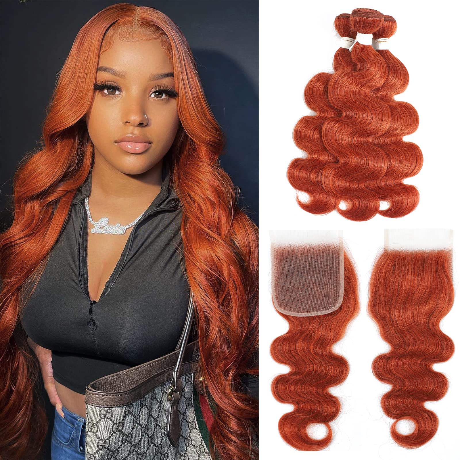 Brazilian Virgin Human Hair Extensions - 3 Bundles #350 Color 12/14/16 Inch with Closure | REMY HAIR Body Wave Pre-Plucked Ginger Orange | Perfect for Salon Styling, Daily Wear & Special Occasions