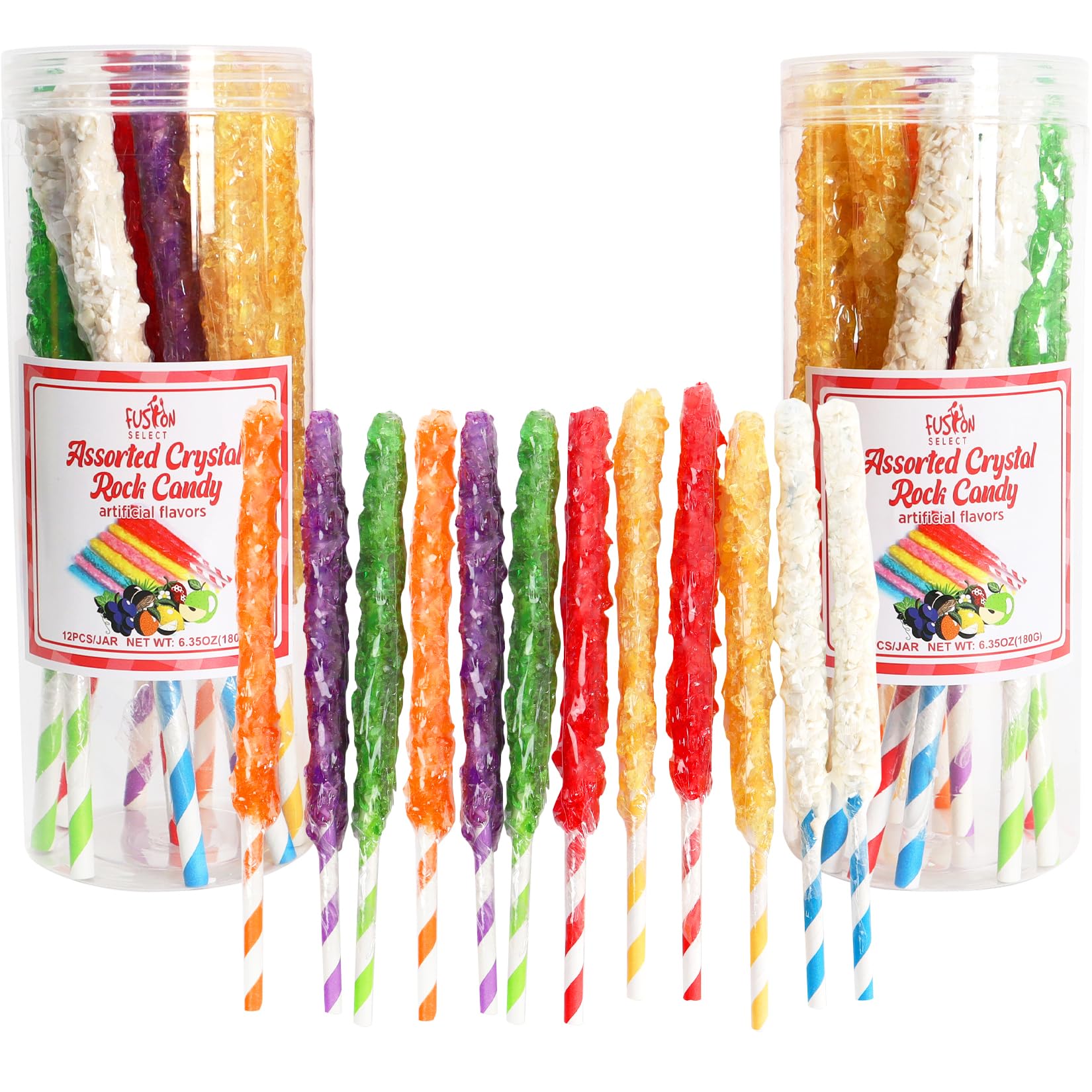 Fusion Select 24 Crystal Rock Candy Sticks - Assorted Flavored Hard Sugar Lollipops - Individually Wrapped Bulk Candy for Parties, Buffets & Kids Treats - Perfect for Birthday Celebrations, Wedding Favors & Classroom Rewards