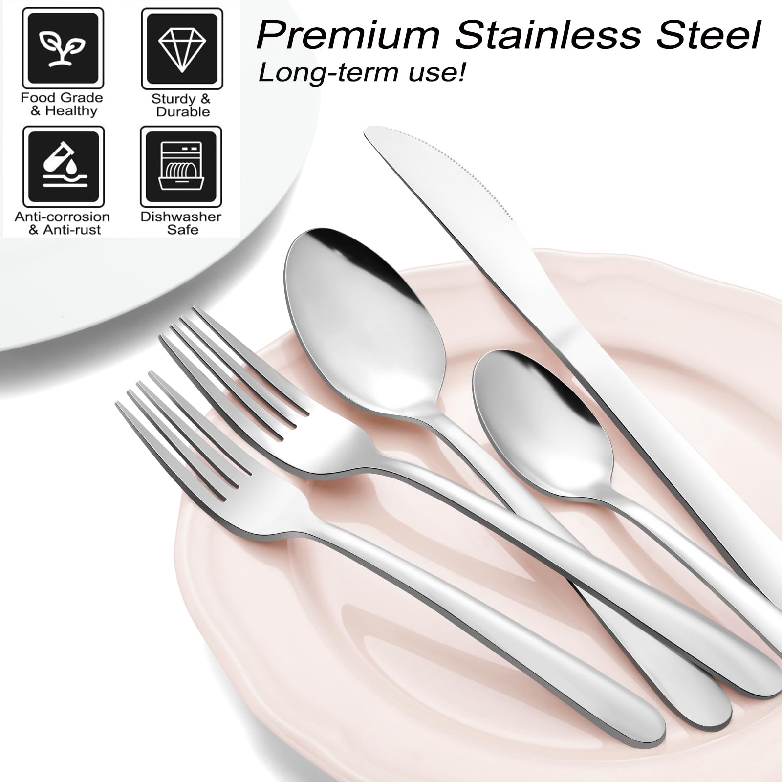 48-Piece Stainless Steel Flatware Set for 8 - Includes Forks, Spoons & Steak Knives - Dishwasher Safe Silverware for Home & Restaurant Use - Perfect for Dinner Parties, Weddings & Daily Dining