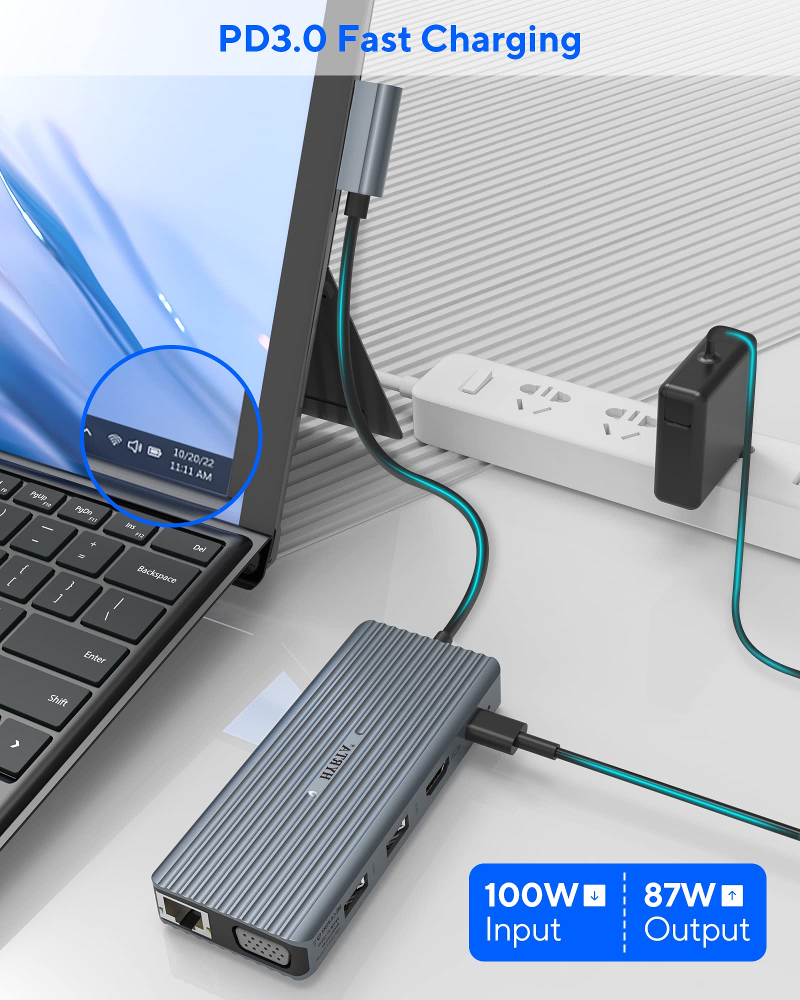 Premium USB C Docking Station for Surface Pro 7/8 - 11-in-1 Multi-Port Hub with 4K HDMI/VGA, Gigabit Ethernet, PD 3.0 Charging, 4 USB Ports (2x USB 3.0 + 2x USB 2.0) - Space Gray | Perfect for Home Office, Remote Work & Dual Monitor Setup