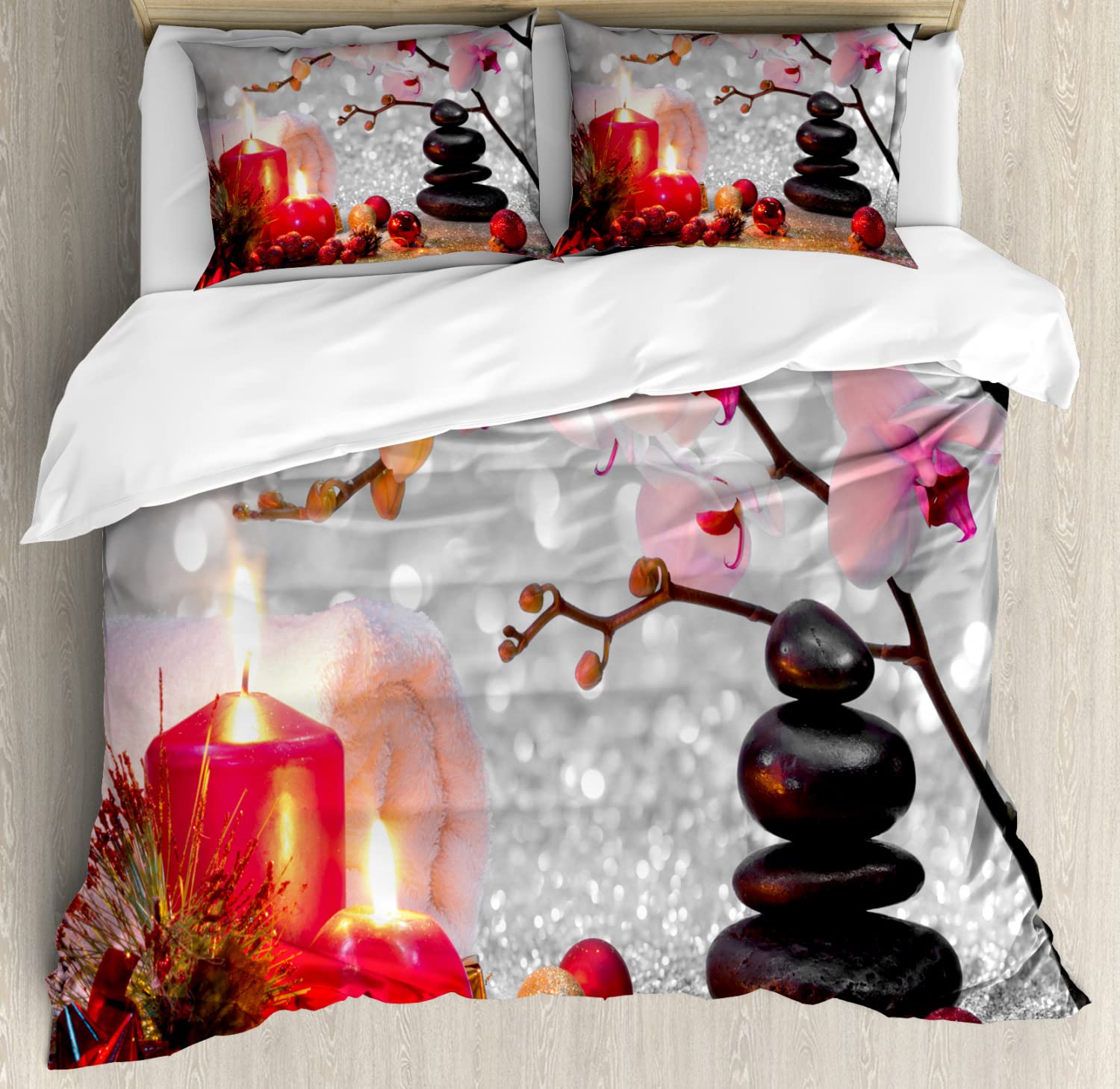 Ambesonne Winter Christmas Themed Spa Duvet Cover Set - 2 Pack Queen Size with Pink Orchid Stone & Red Candles Design, Includes 2 Duvet Covers & 4 Pillowcases (White, Black, Pink) for Cozy Holiday Bedroom Decor