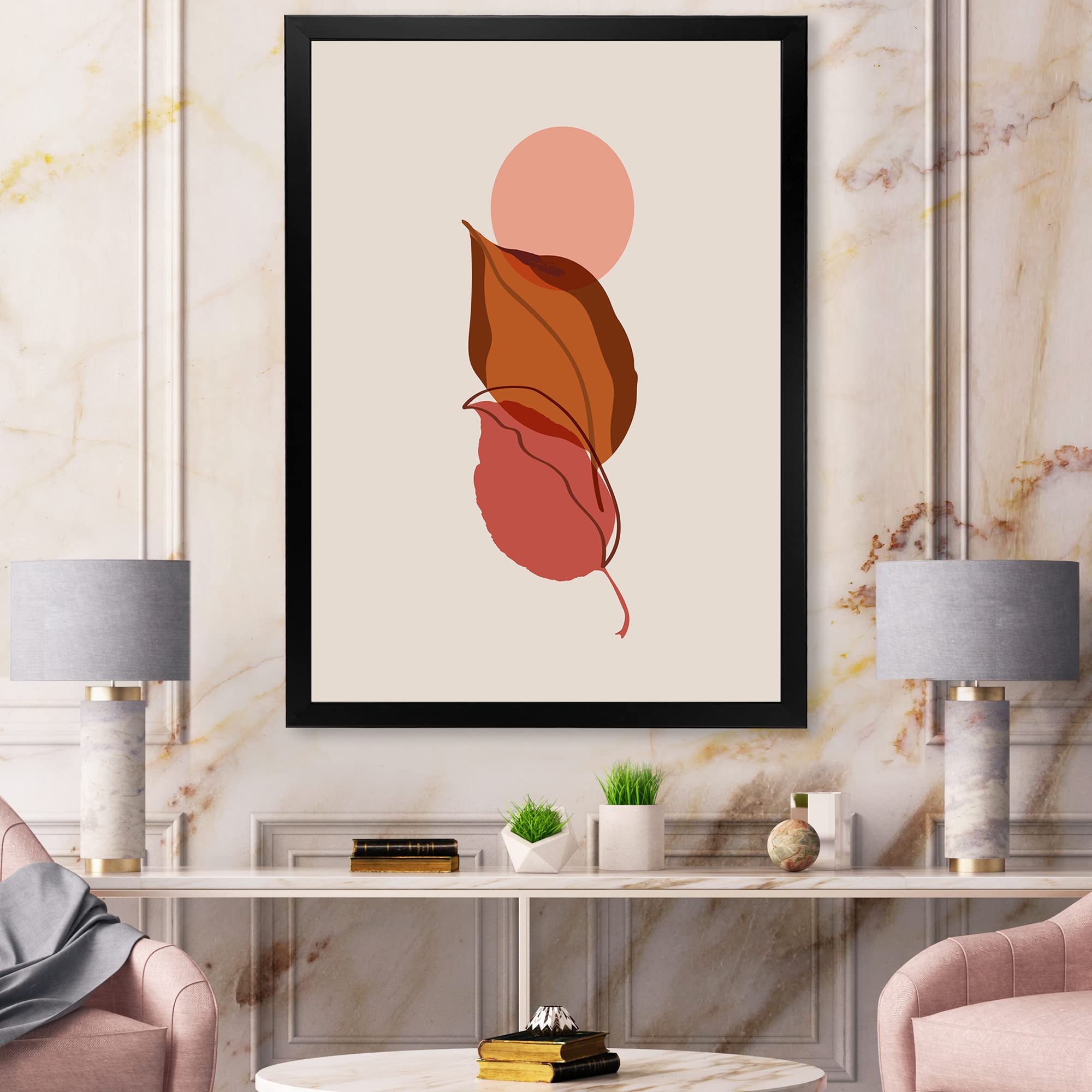 DesignQ Two Autumn Leaves Falling Under A Red Full Moon - Modern Framed Wall Art for Living Room, Bedroom & Office Decor
