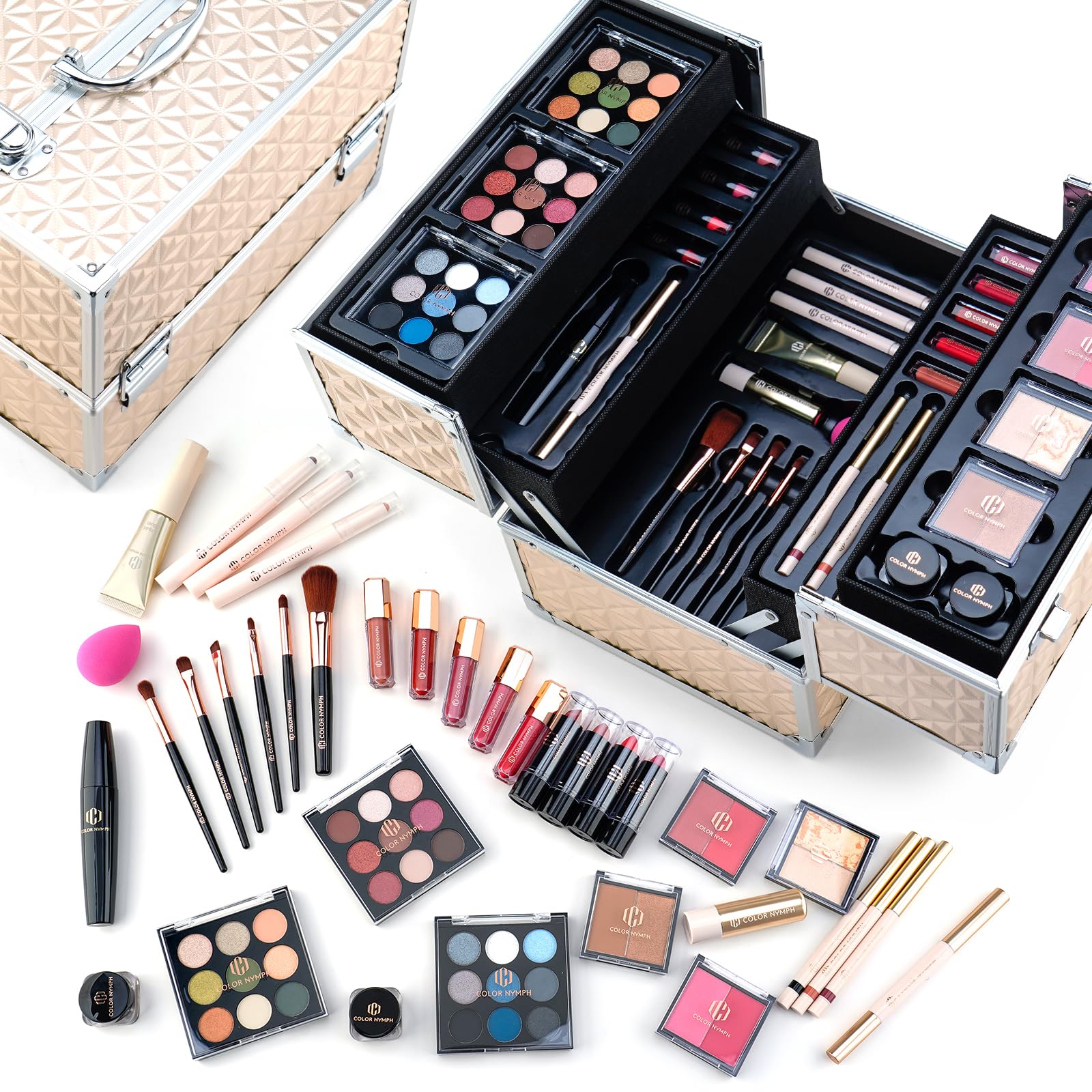 Color Nymph Professional Makeup Kit for Women & Teens - Complete Cosmetic Set with Eyeshadow, Blush, Lipstick, Mascara in Gold Storage Case | Perfect for Birthday Gifts, Parties & Everyday Glam