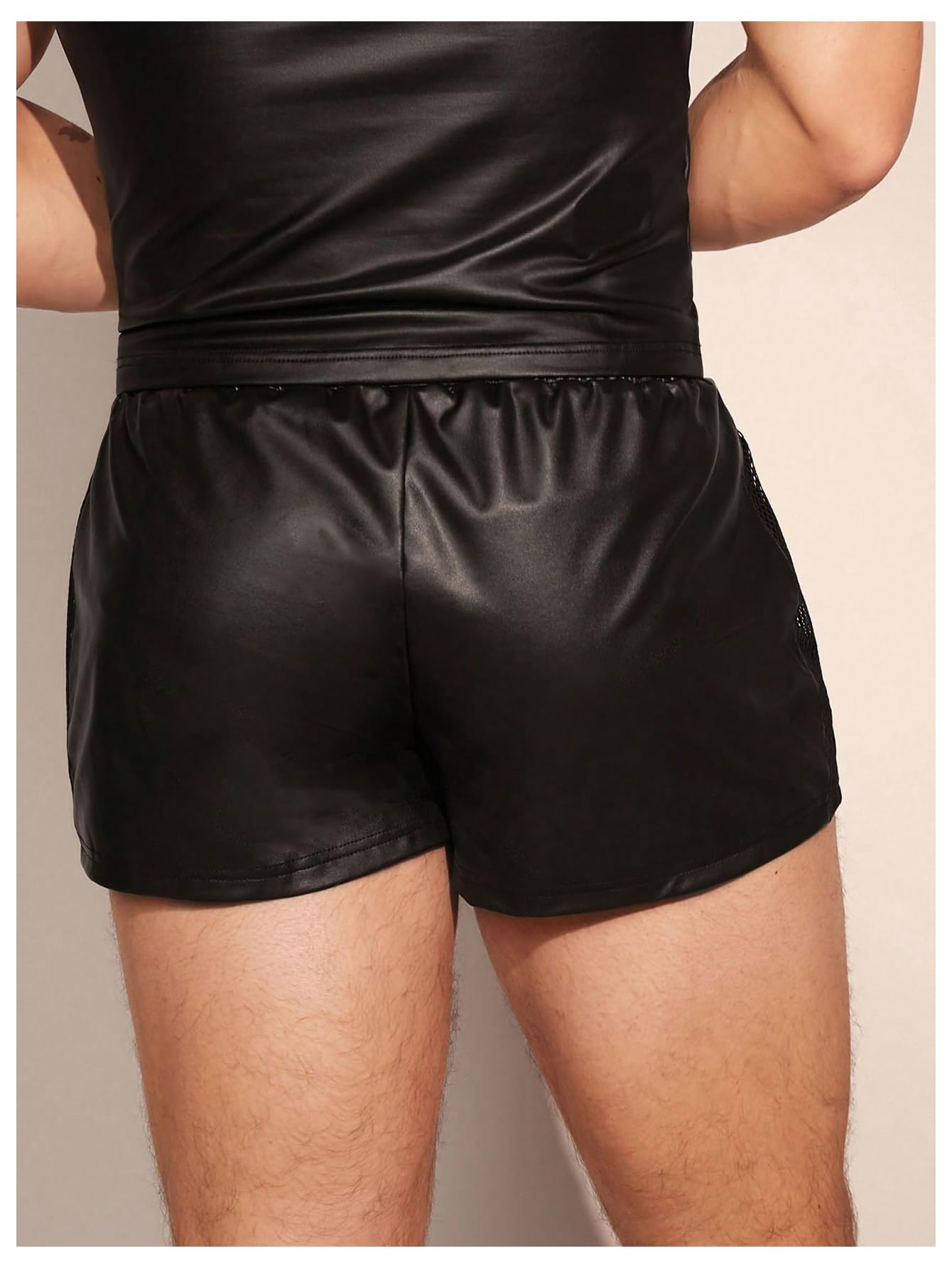 OYOANGLE Men's PU Leather Shorts with Drawstring & Elastic Waistband - Breathable Hollow Side Design for Party, Nightclub, and Summer Outfits