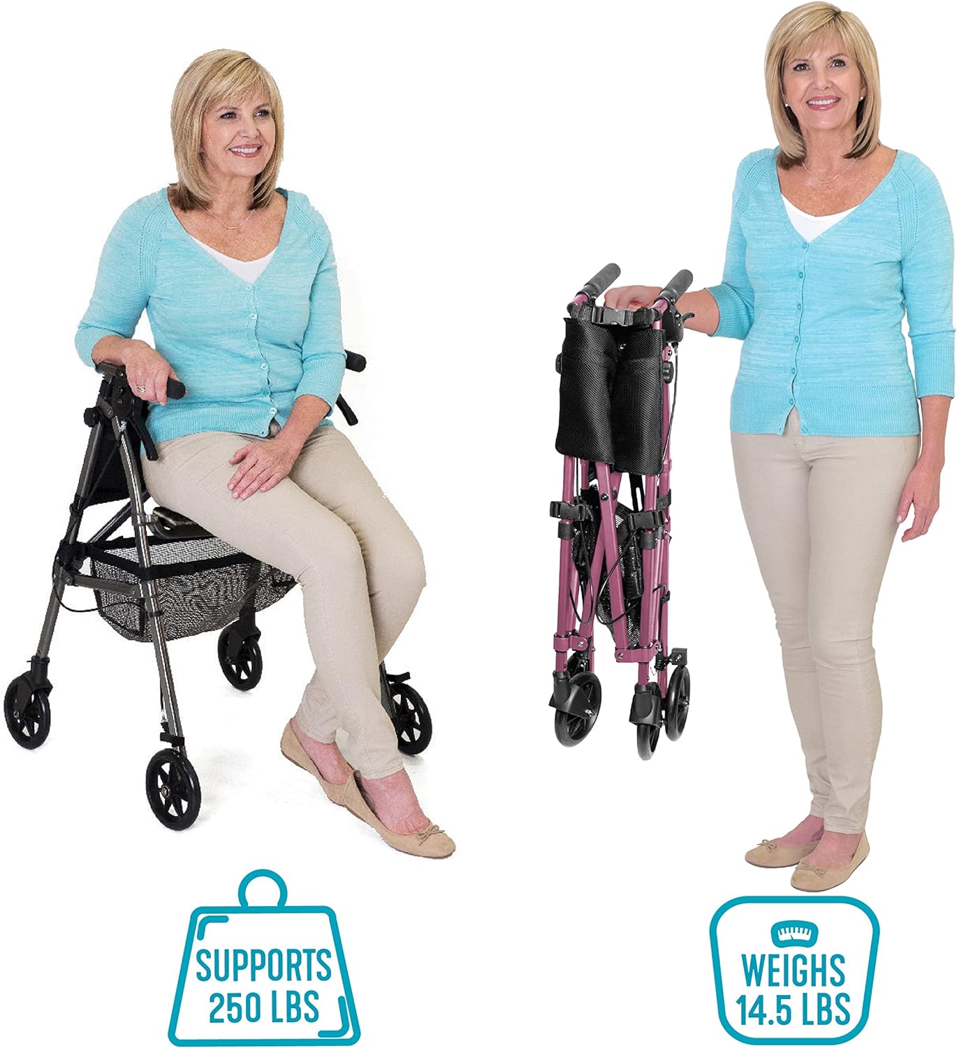 EZ Fold N Go Rollator - Lightweight Folding Walker with Seat and Wheels for Seniors & Adults - Perfect for Indoor & Outdoor Mobility Assistance, Shopping, Travel, and Daily Walks