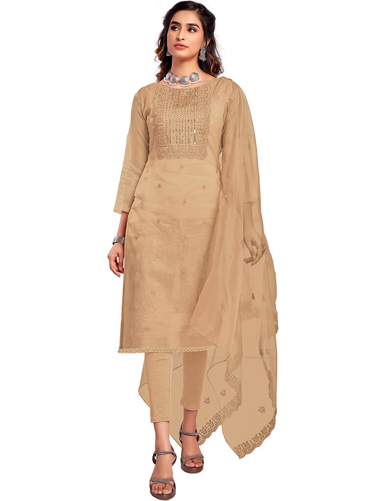 Elegant Beige Organza Chudidar Salwar Suit for Women - Traditional Indian Ethnic Wear for Weddings, Festivals & Special Occasions