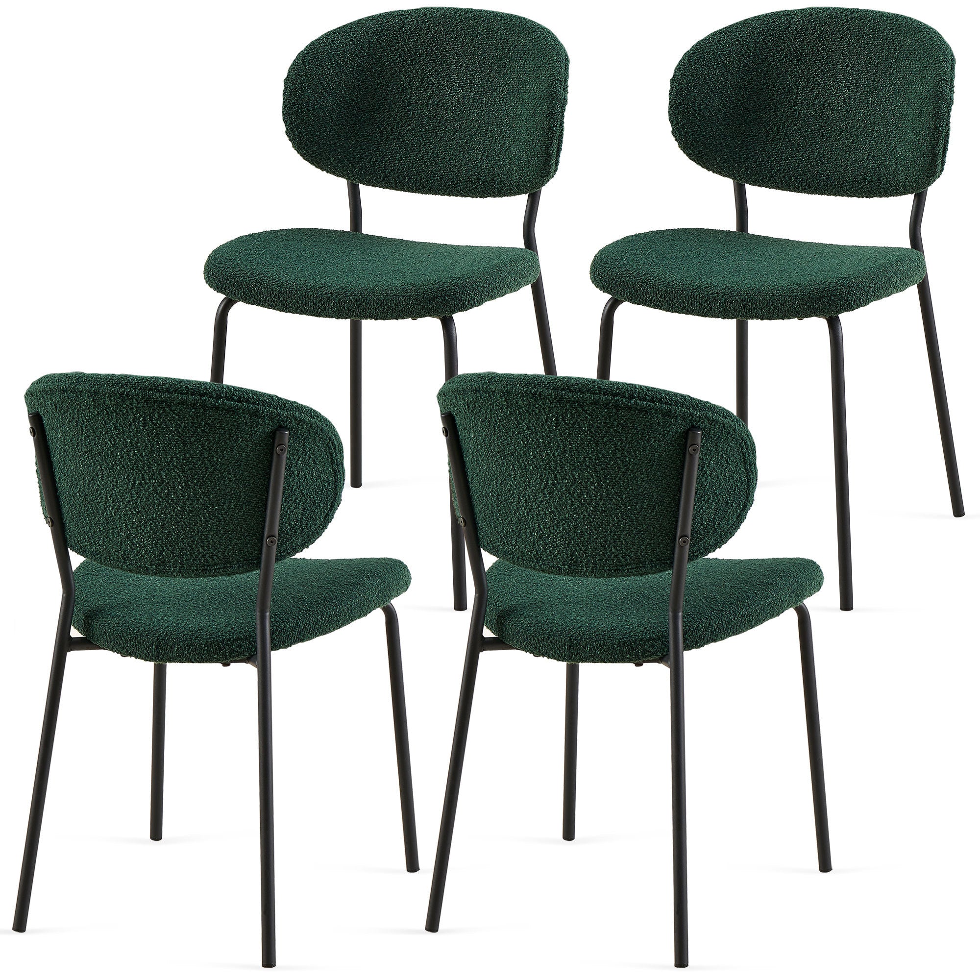 Dark Green Boucle Fabric Dining Chairs Set of 4 - Mid Century Modern Upholstered Kitchen & Dining Room Chairs with Curved Backrest & Black Metal Legs for Home, Restaurant or Office Use