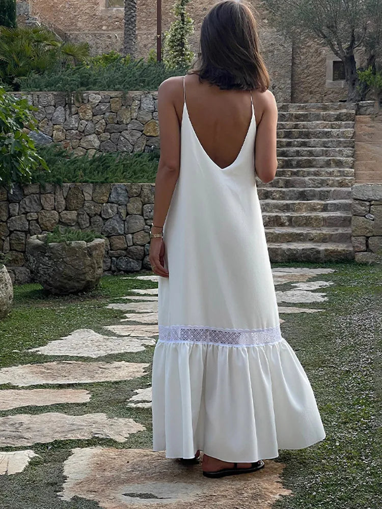 Elegant Backless Satin Maxi Dress for Women - V Neck Loose Casual Beach Sundress with Side Split & Strap Detail | Perfect for Summer Vacation, Pool Party, and Evening Outings