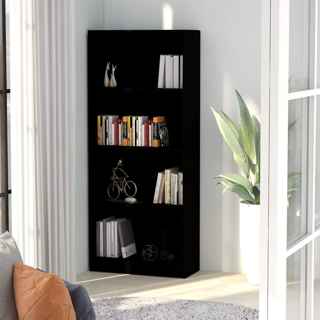 Modern 4-Tier Bookcase Storage Cabinet - Black Corner Bookshelf with Adjustable Shelves (23.6